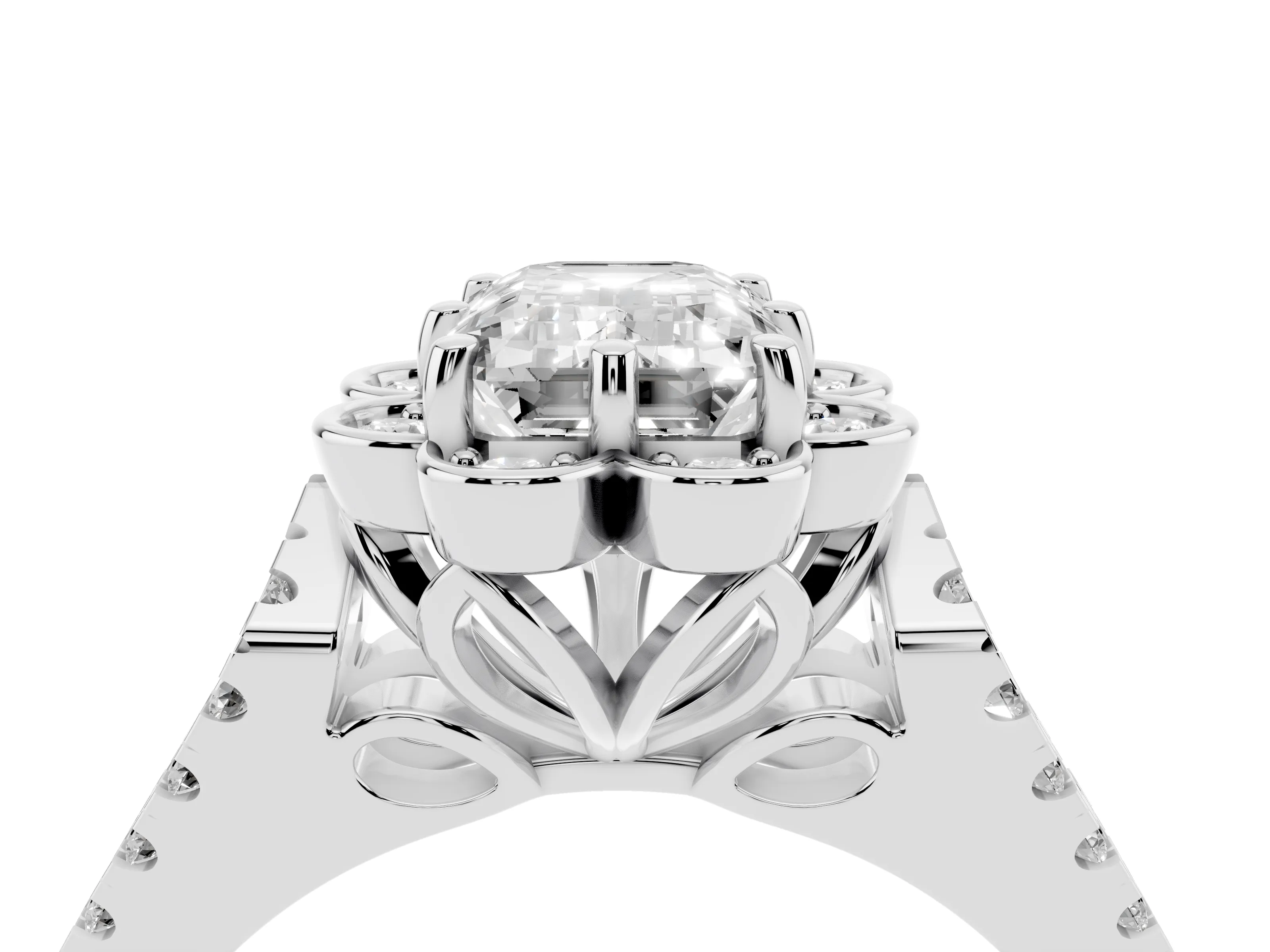 Emerald Cut Diamond Floral Halo Split Shank Engagement Ring Set in Silver with Pavé Shank