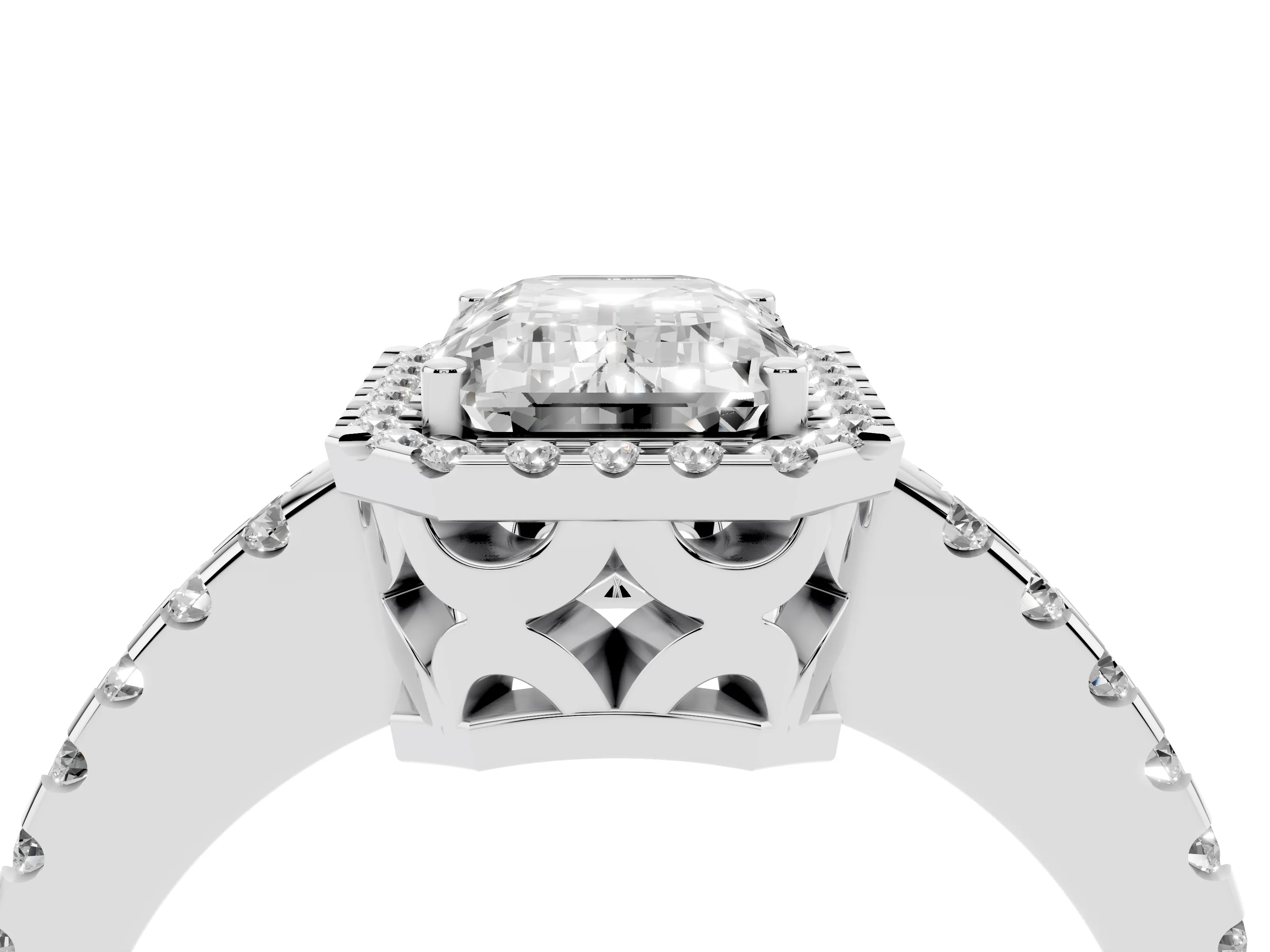 Emerald Cut Diamond Halo Ring Set in White gold with Pavé Shoulders and Halo-Framed Center