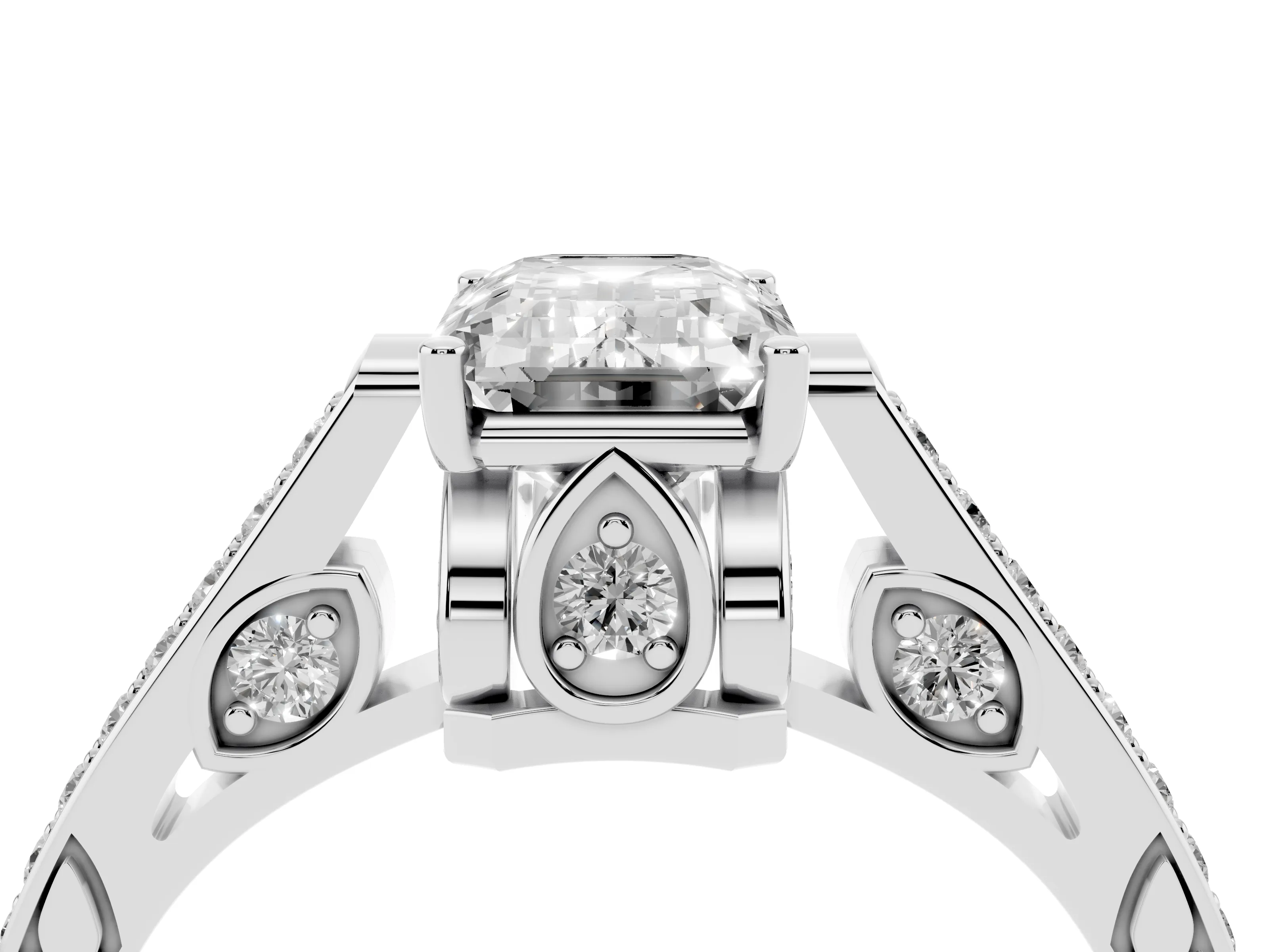 Emerald Cut Diamond Cathedral Pavé Engagement Ring Set in Platinum with Prong Setting