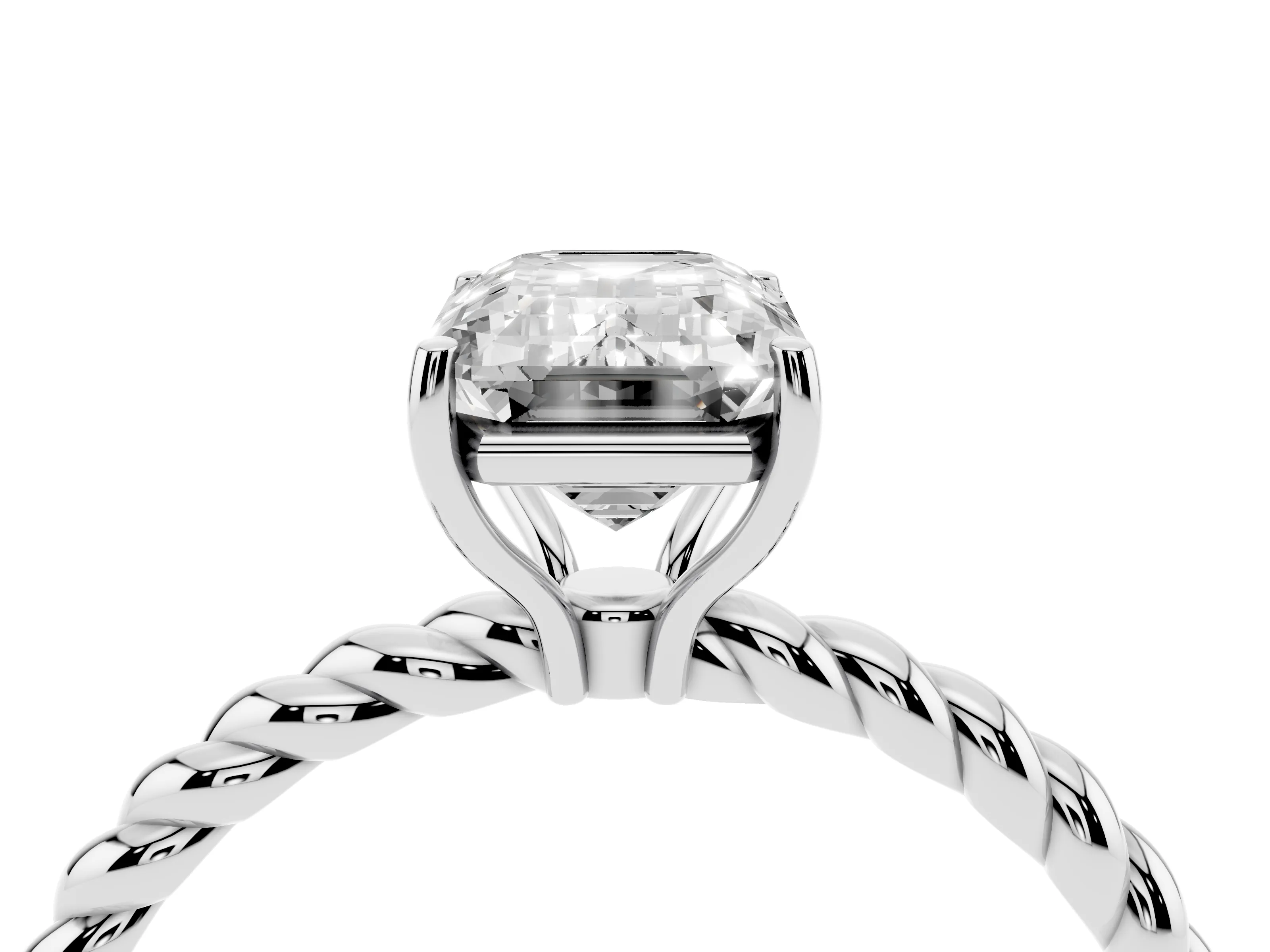Emerald Cut Diamond Solitaire Ring Set in White gold with Twist Band and Prong Setting