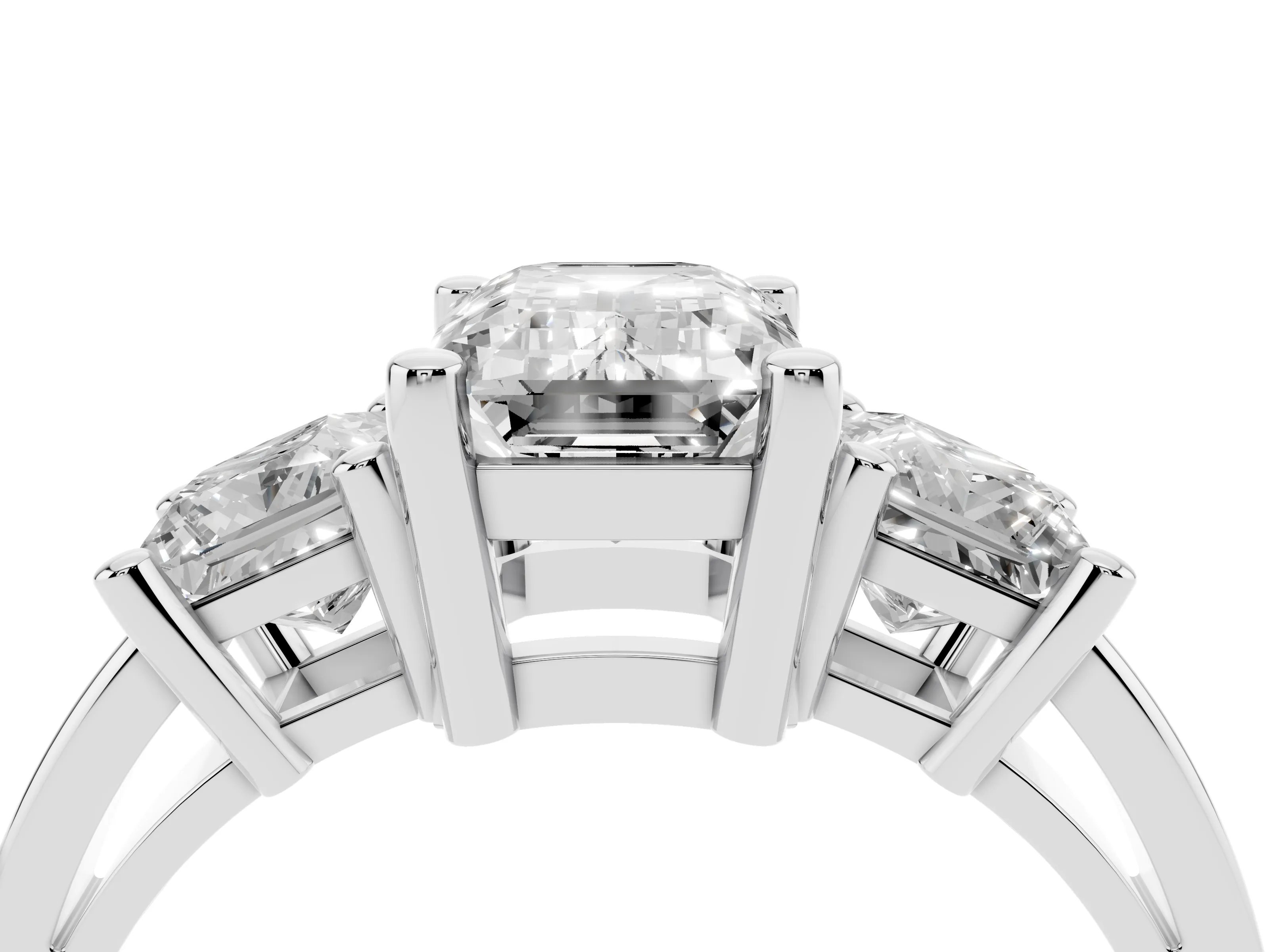Three-Stone Emerald Cut Diamond Solitaire Ring Set in Platinum with Prong Setting