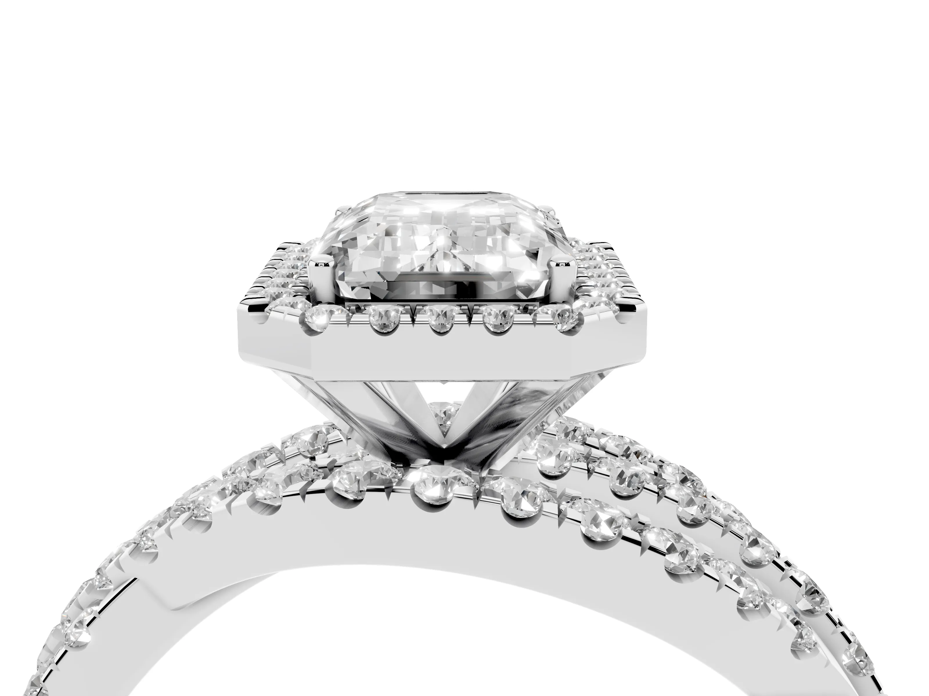 Emerald Cut Diamond Halo Ring Set in Platinum with Round Crossover Split Shank and Prong Setting