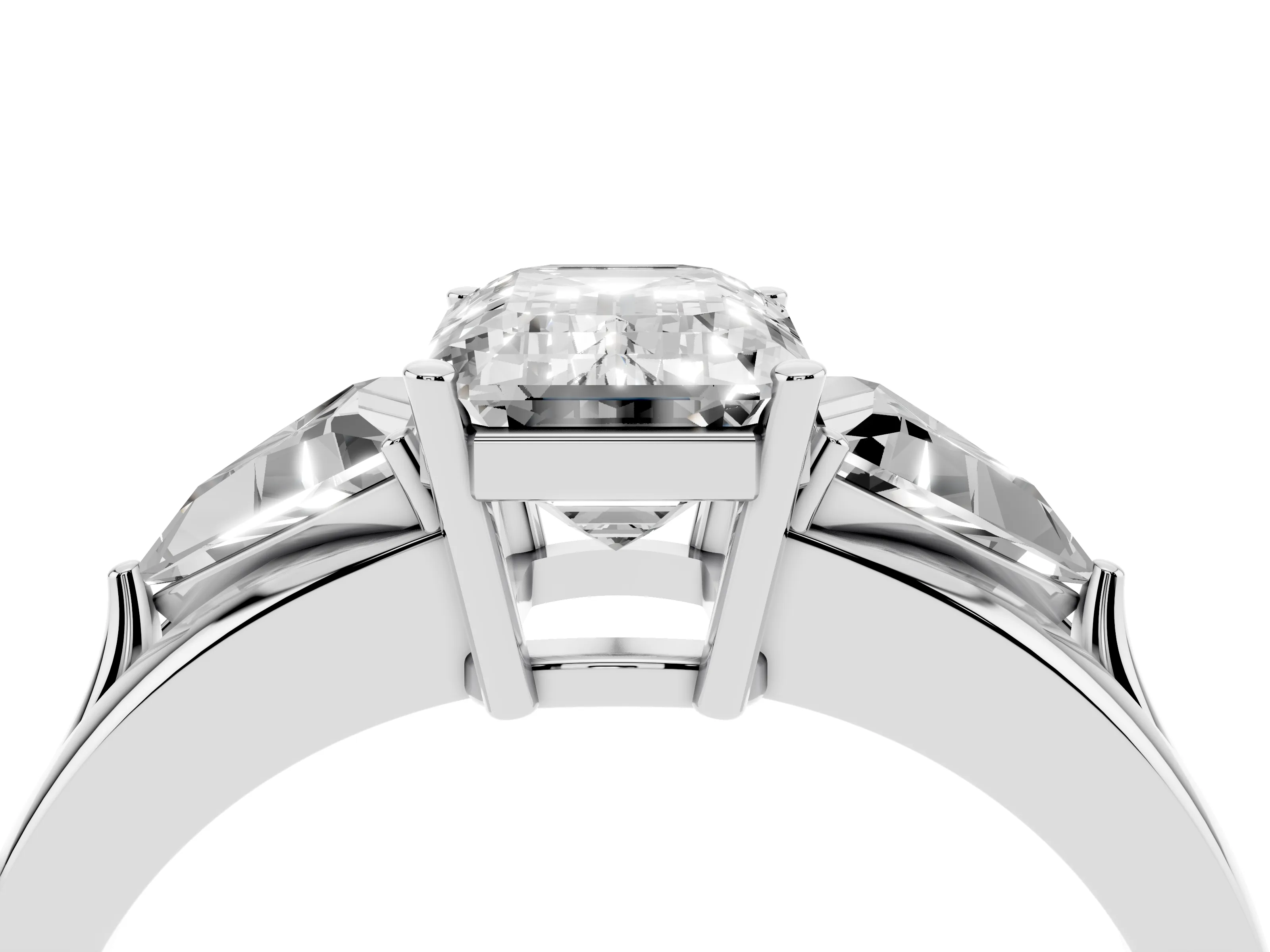 Emerald Cut Diamond Three-Stone Ring Set in Platinum with Trillion Side Stones and Split Shank