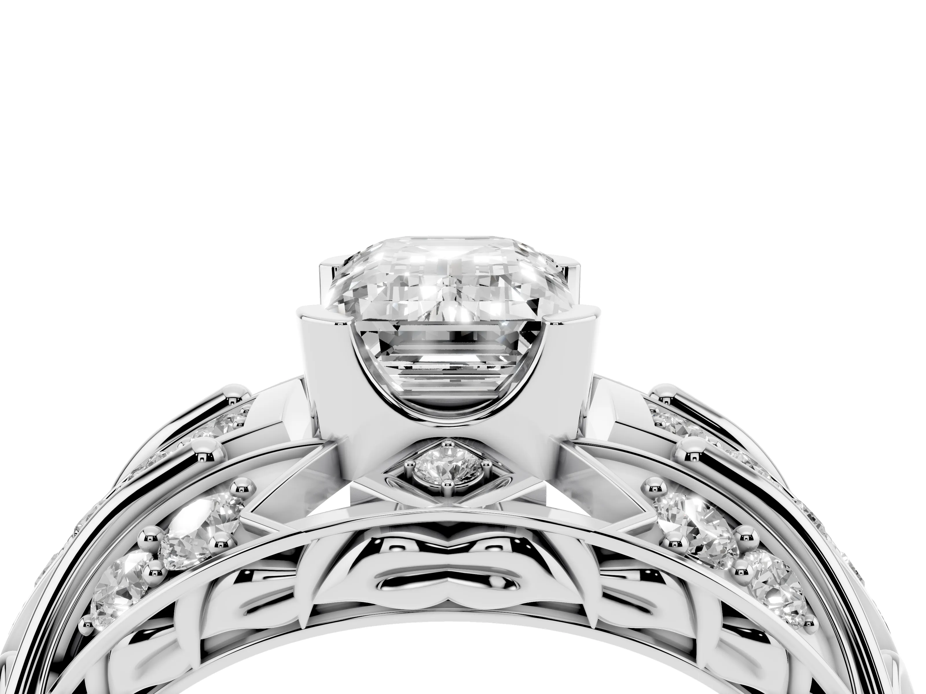 Emerald Cut Diamond Art Deco Ring Set in Platinum with Pavé Split Shank
