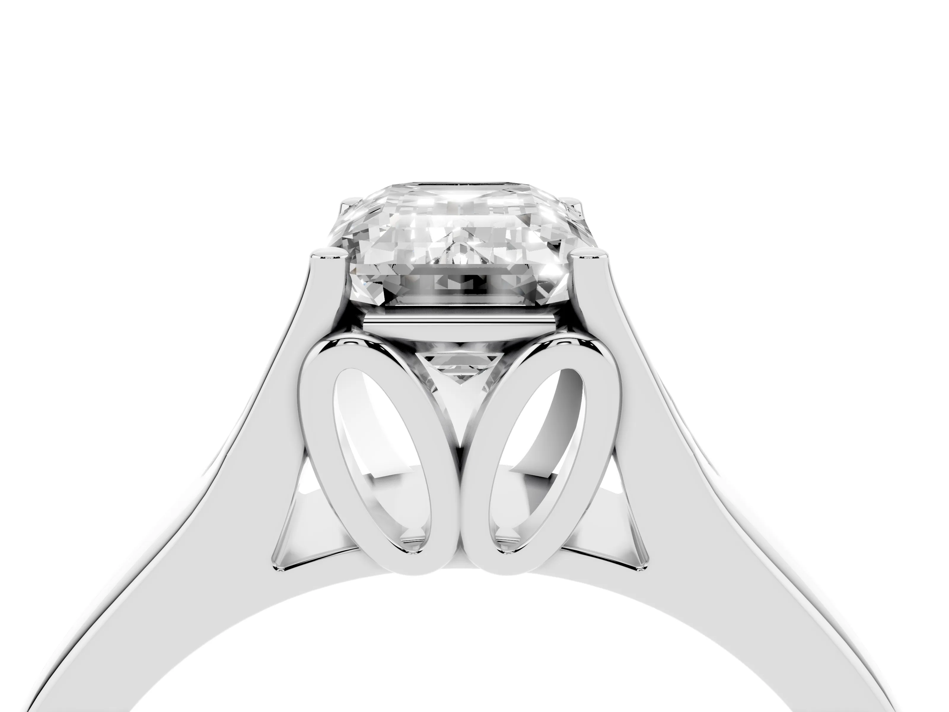 Emerald Cut Diamond Solitaire Ring Set in White gold with Arched Cathedral Band and Prong Setting