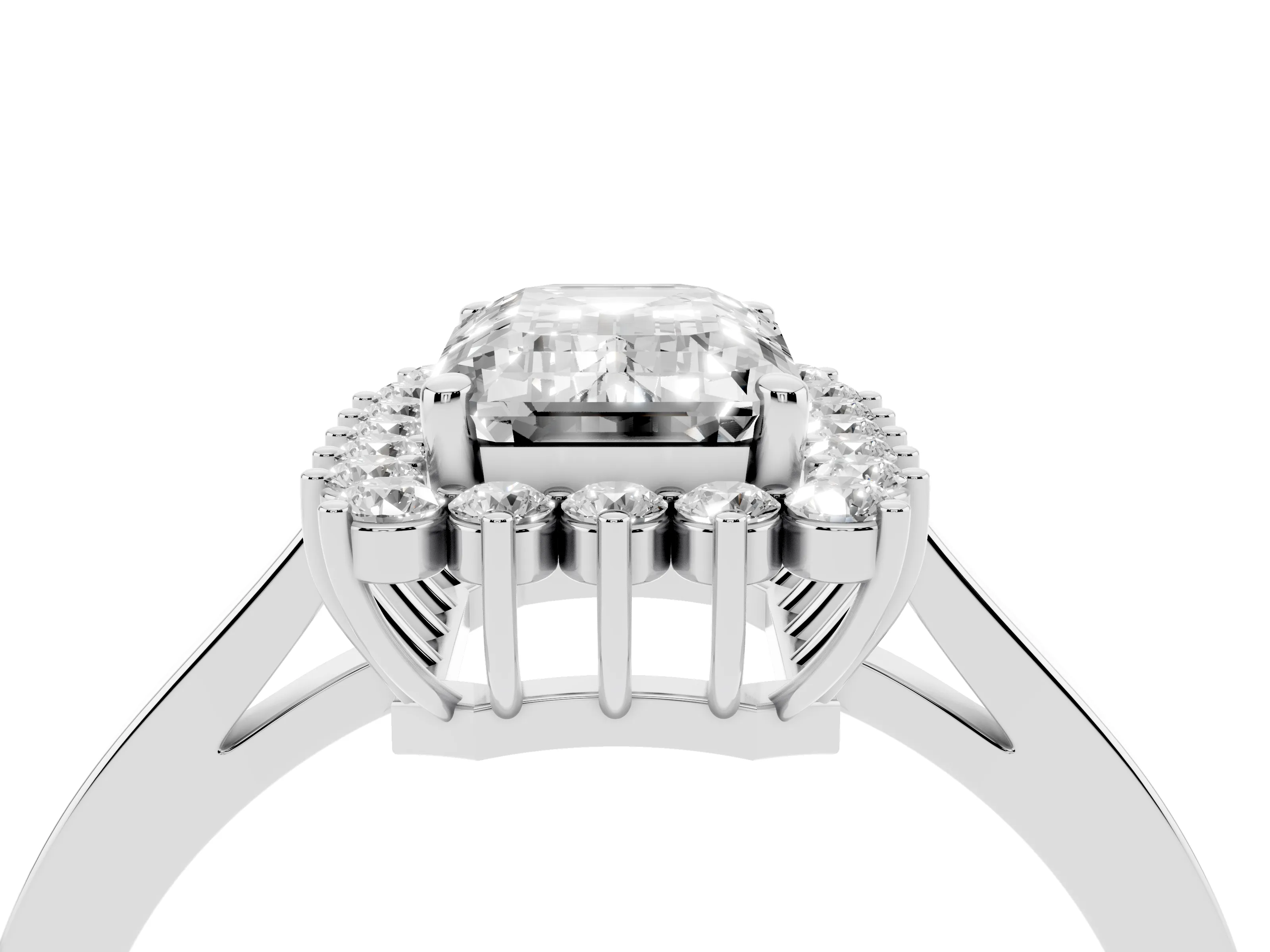 Emerald Cut Diamond Halo Ring Set in White gold with Round Halo and Smooth Solitaire Band