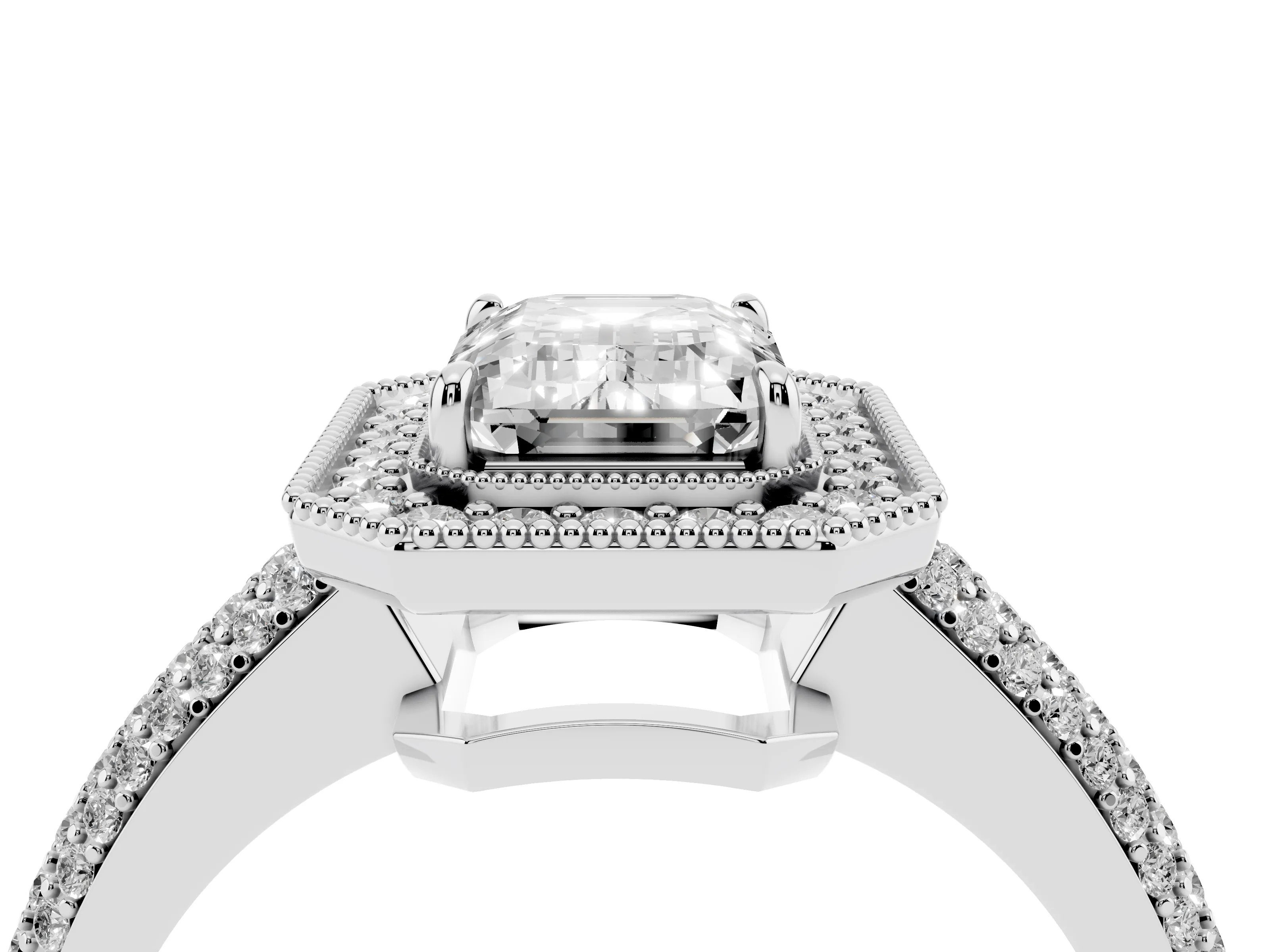Emerald Cut Diamond Halo Pavé Band Set in Silver with Prong Setting