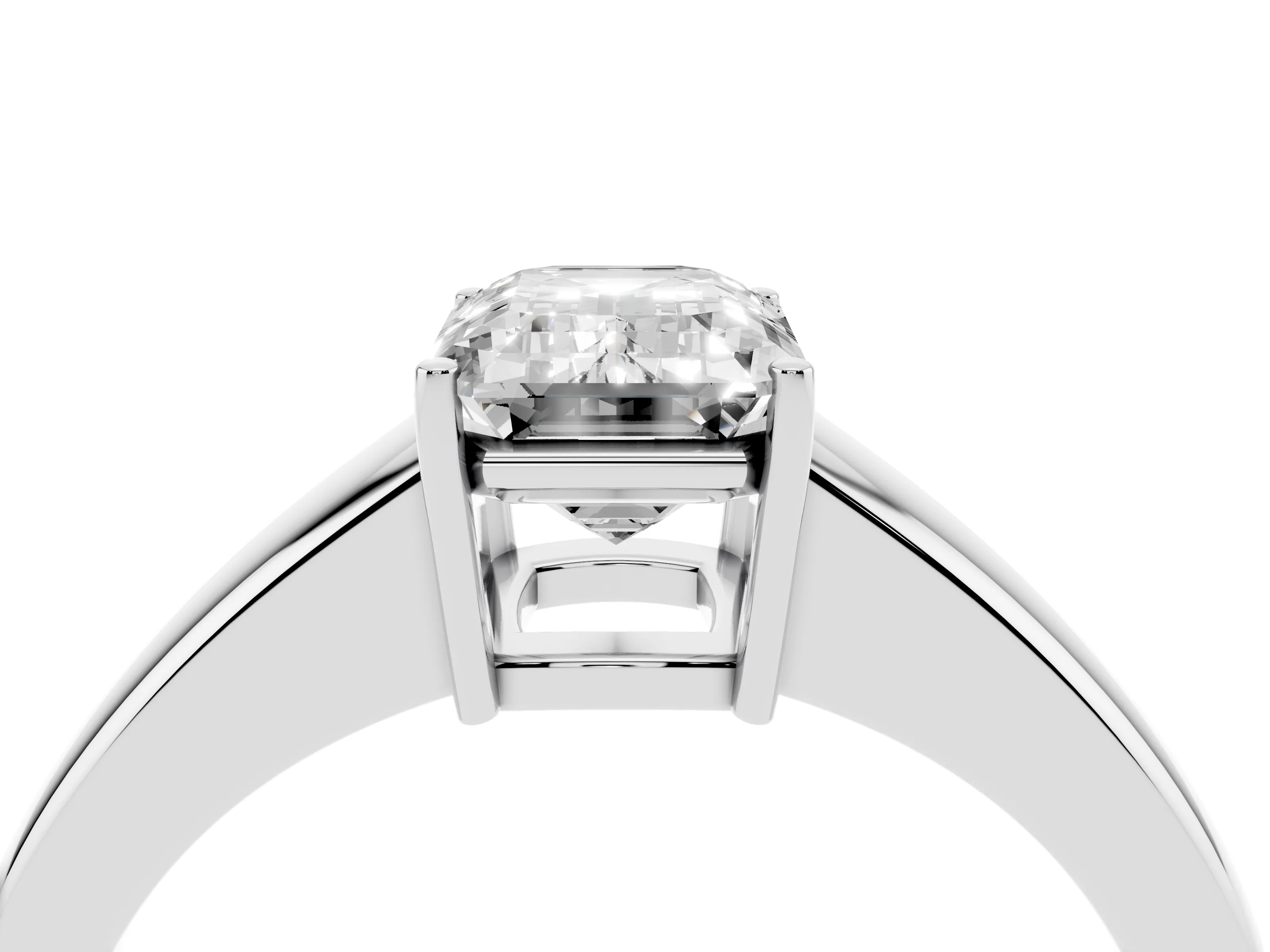Emerald Cut Diamond Solitaire Ring Set in White gold with Tapered Band and Prong Setting
