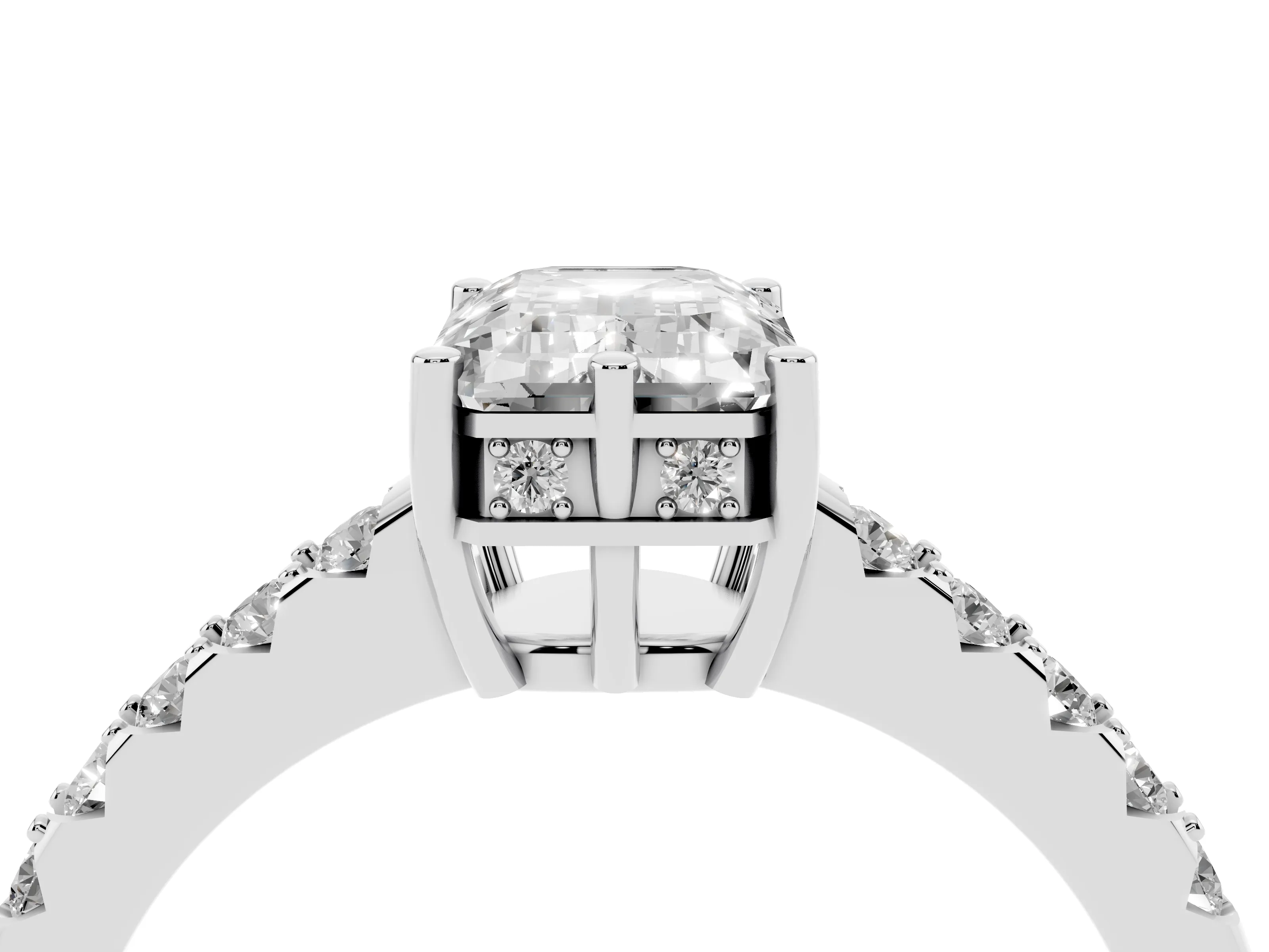 Emerald Cut Diamond Solitaire Engagement Ring Set in Platinum with Pavé Band and Prong Setting
