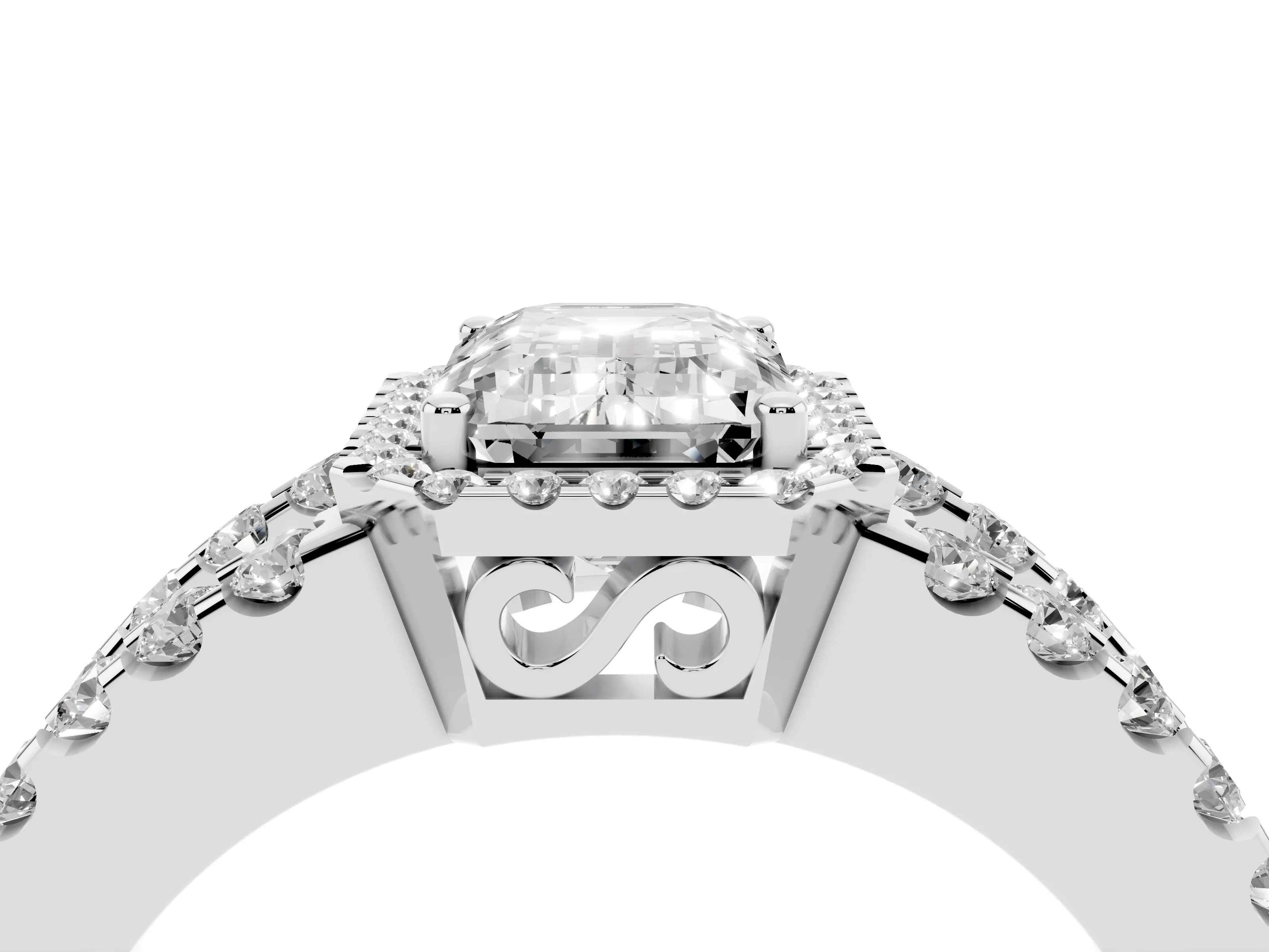 Emerald Cut Diamond Halo Ring Set in Silver with Pavé Split Shank and Prong Setting