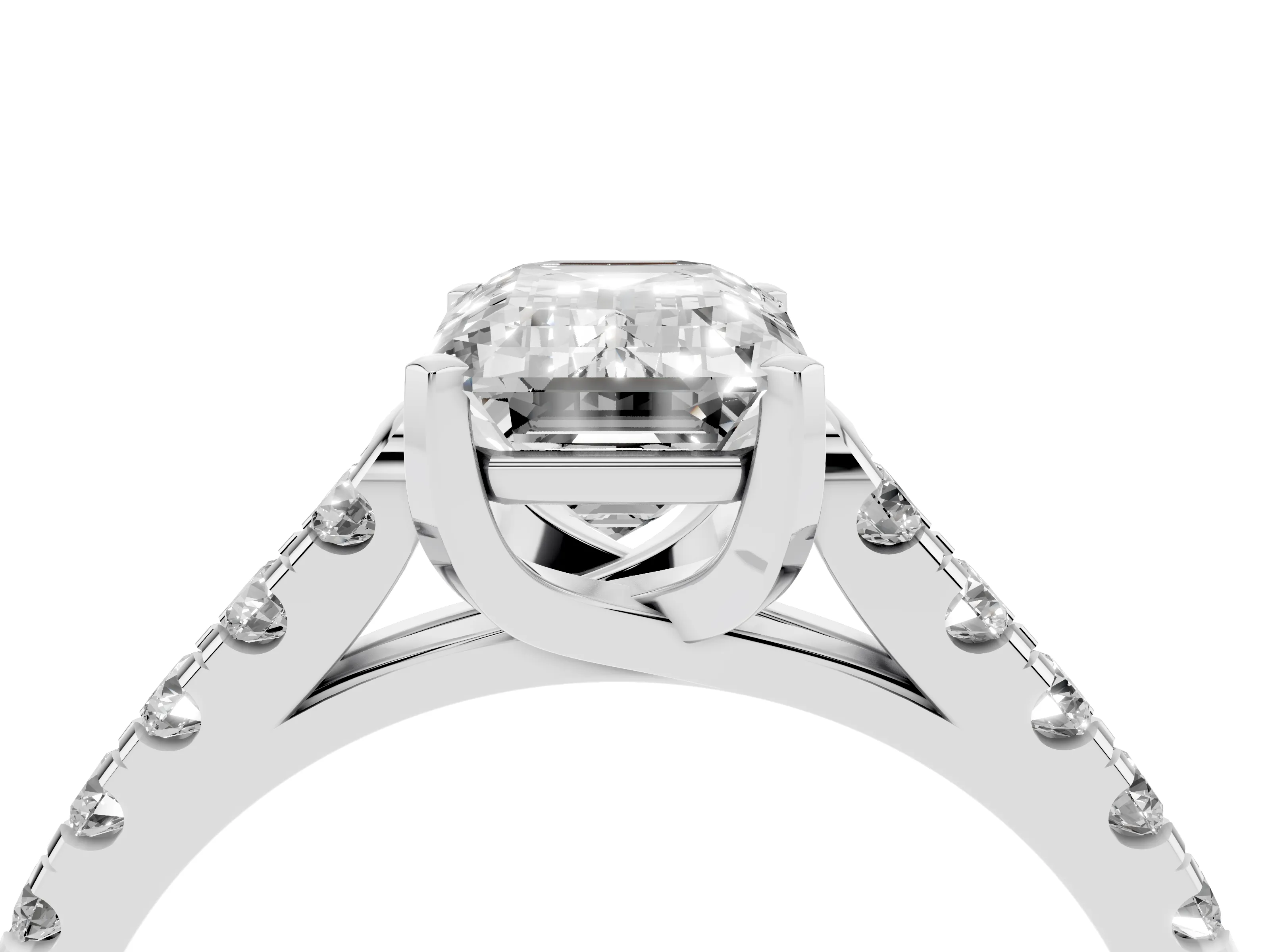 Emerald Cut Diamond Pavé Band Solitaire Ring Set in Silver with Partway Accent Stones and Prong Setting