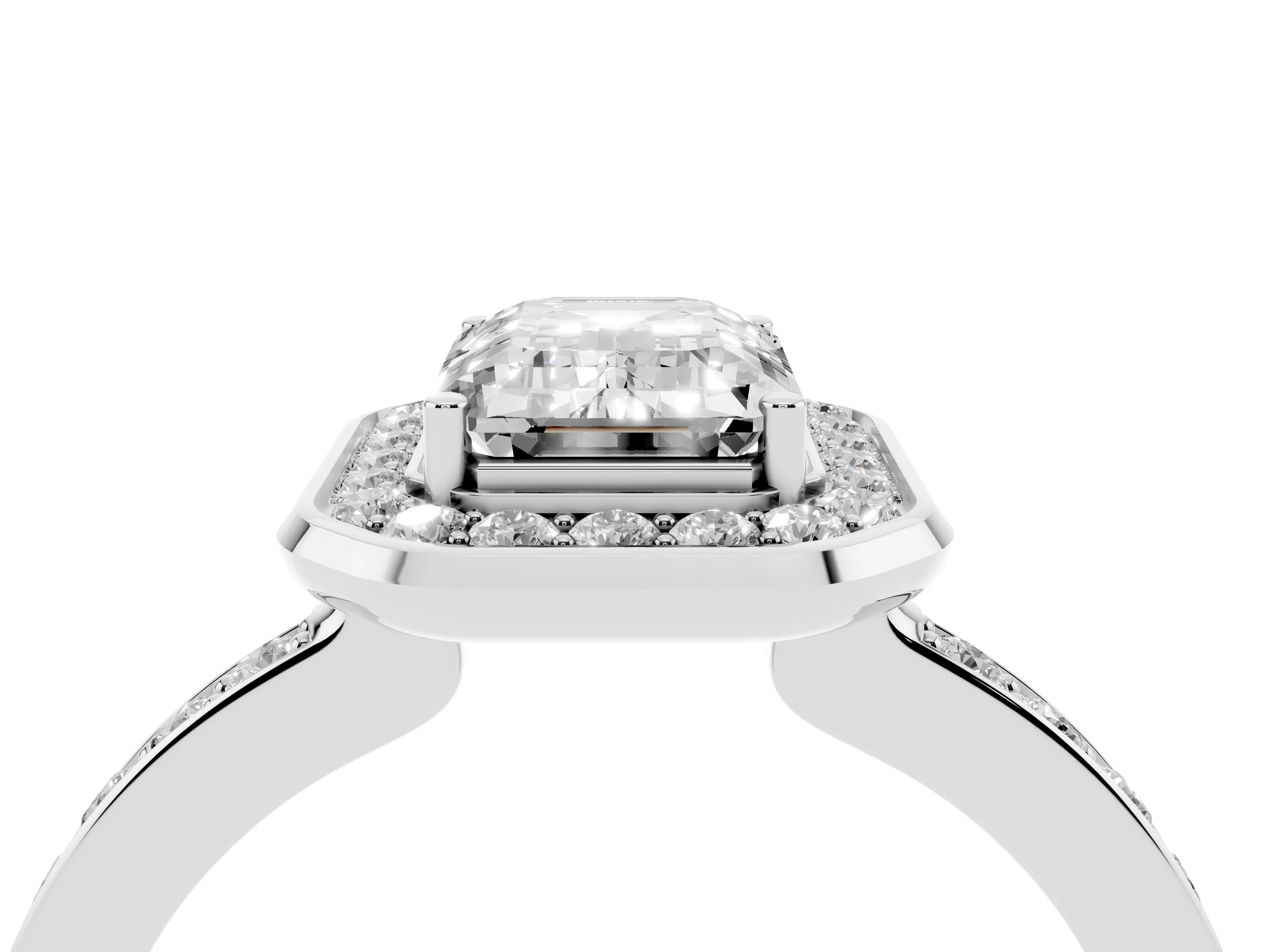 Emerald Cut Diamond Halo Ring Set in Silver with Bezel Frame and Pavé Band