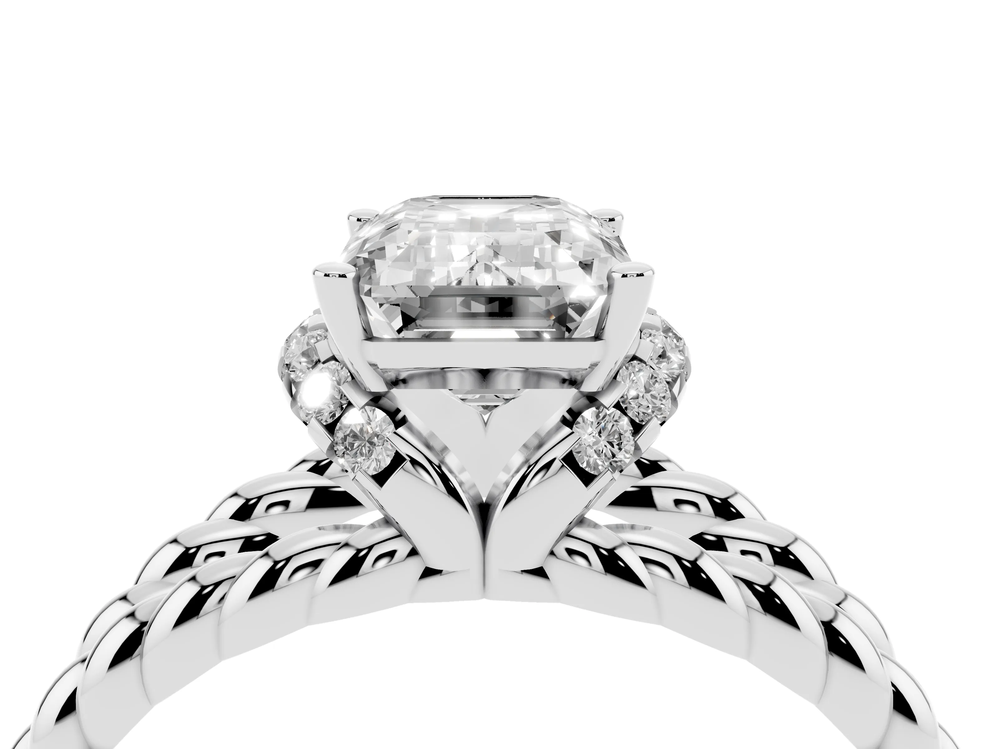 Emerald Cut Diamond Halo Ring Set in White gold with Twisted Band and Prong Setting