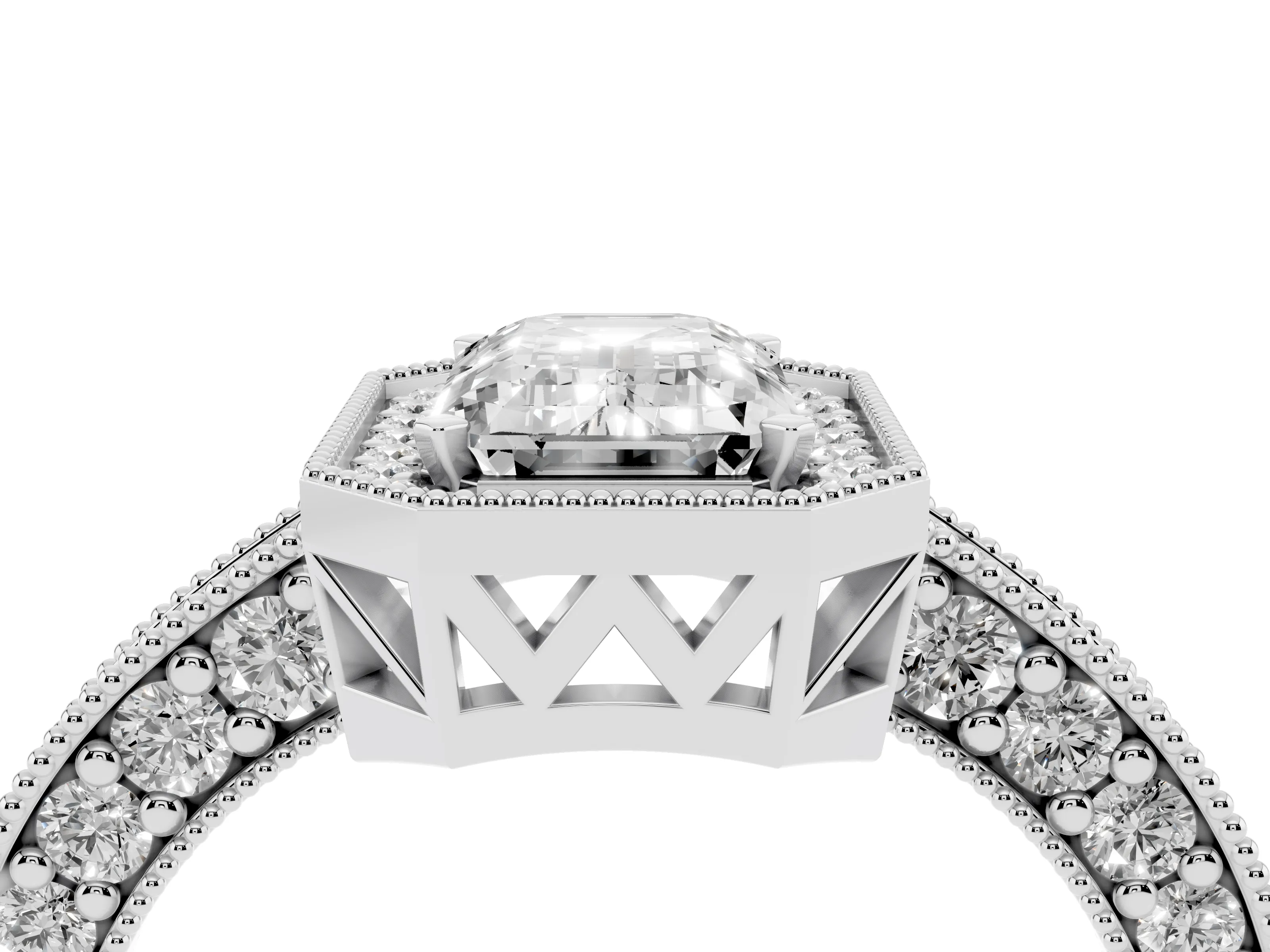 Emerald Cut Diamond Halo Pavé Band Ring Set in Silver with Prong-Set Center