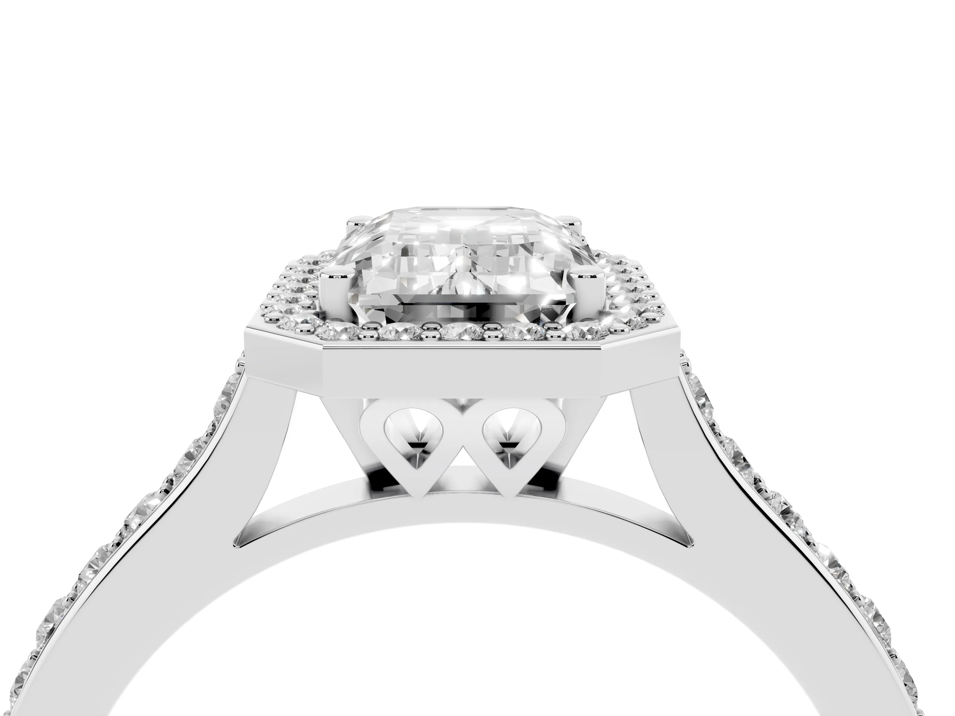 Emerald Cut Diamond Halo Engagement Ring Set in Platinum with Round Pavé Shoulders and Heart Gallery