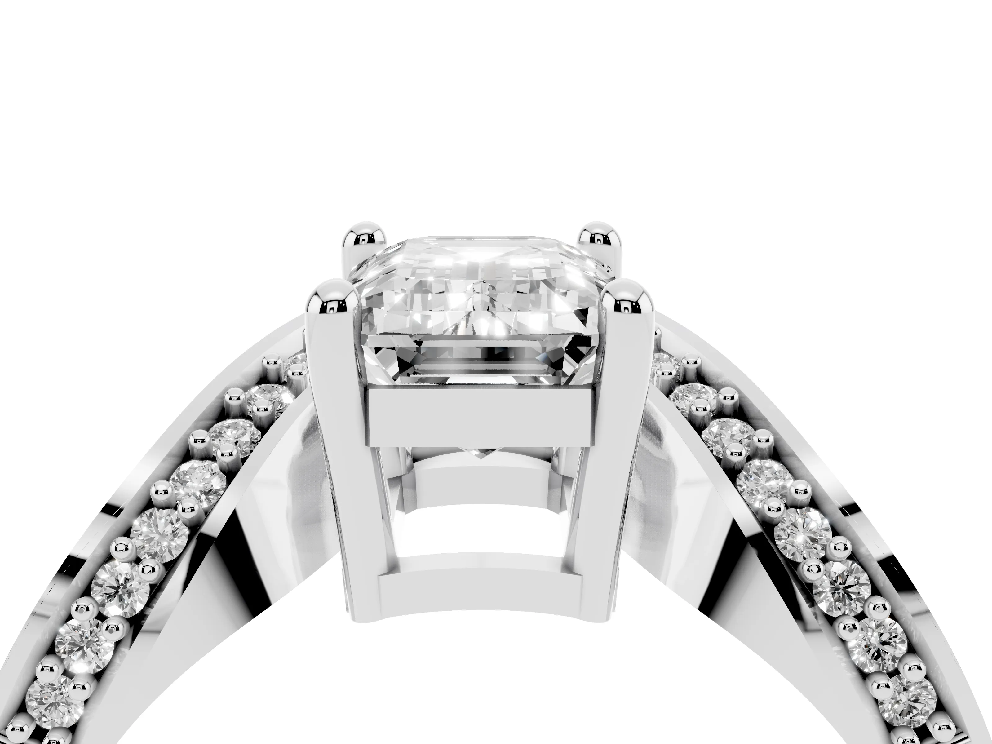 Emerald Cut Diamond Solitaire Engagement Ring Set in Platinum with Pavé Shoulders