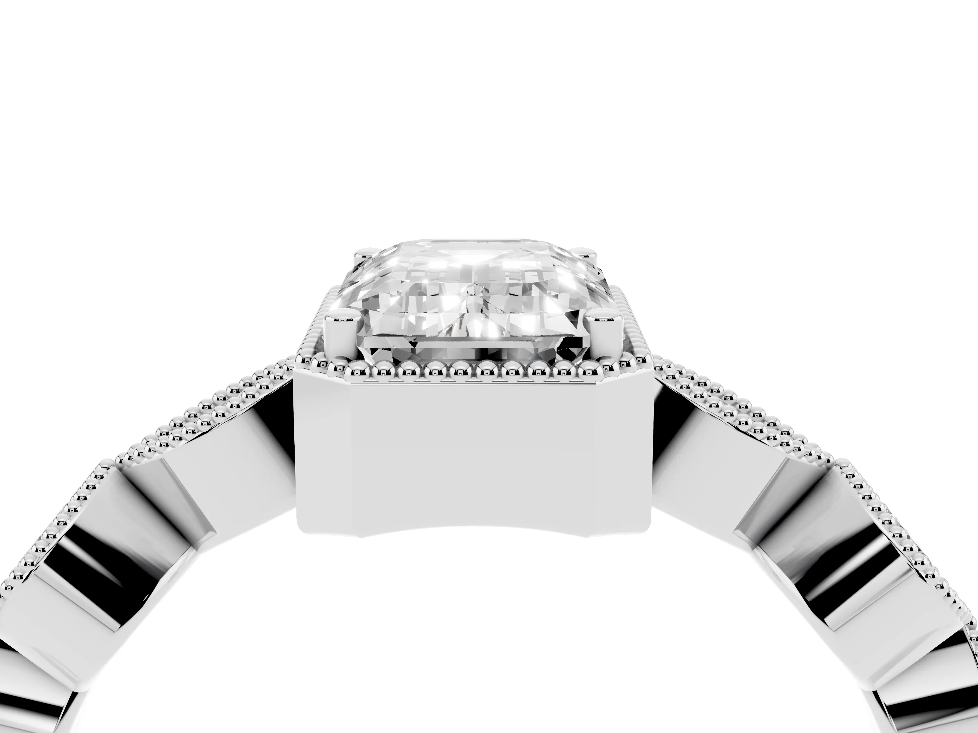 Emerald Cut Diamond Vintage-Inspired Milgrain Ring Set in Platinum with Marquise Stations of Round Accents