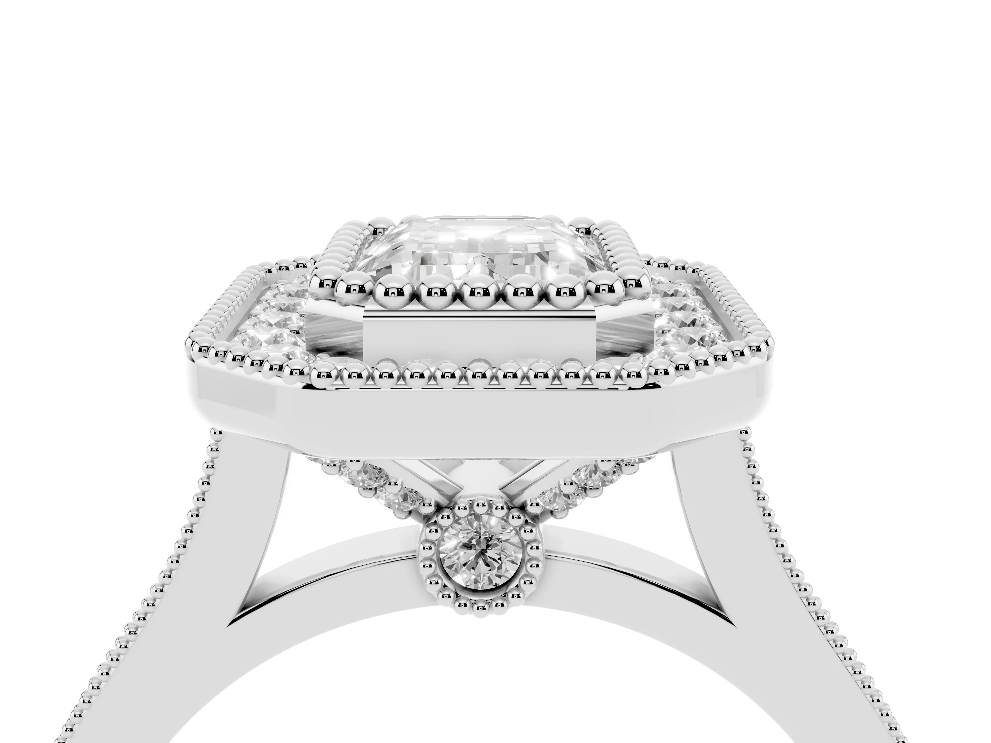 Emerald Cut Diamond Halo Ring Set in White gold with Milgrain Frame and Pavé Band