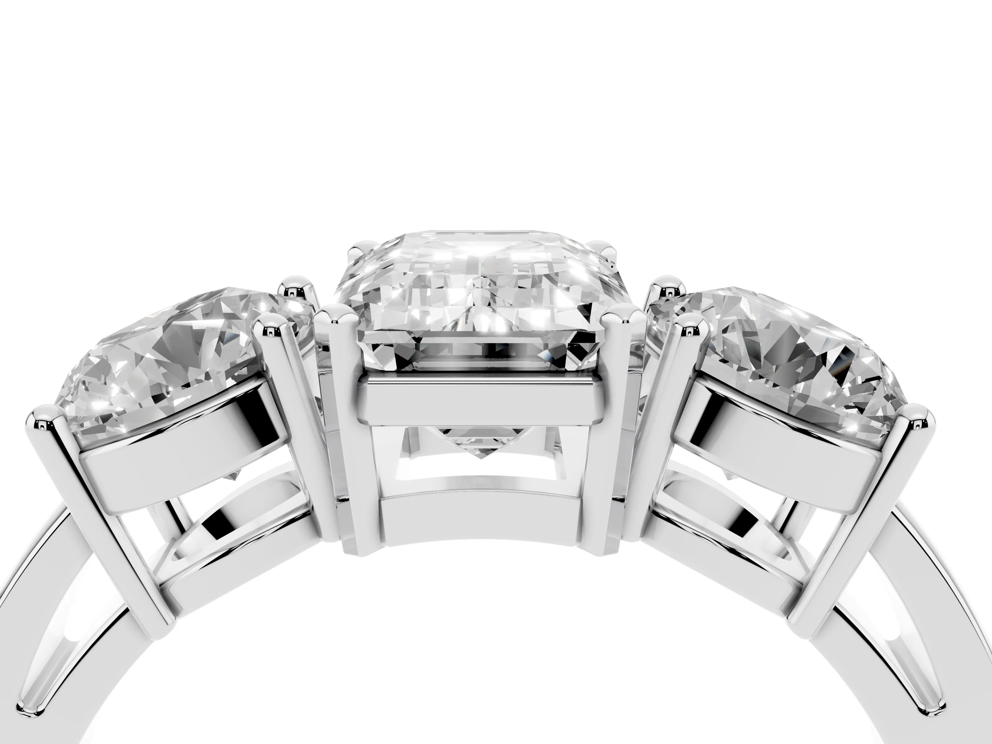 Emerald Cut Diamond Three-Stone Ring Set in White gold with Round Side Stones and Classic Band
