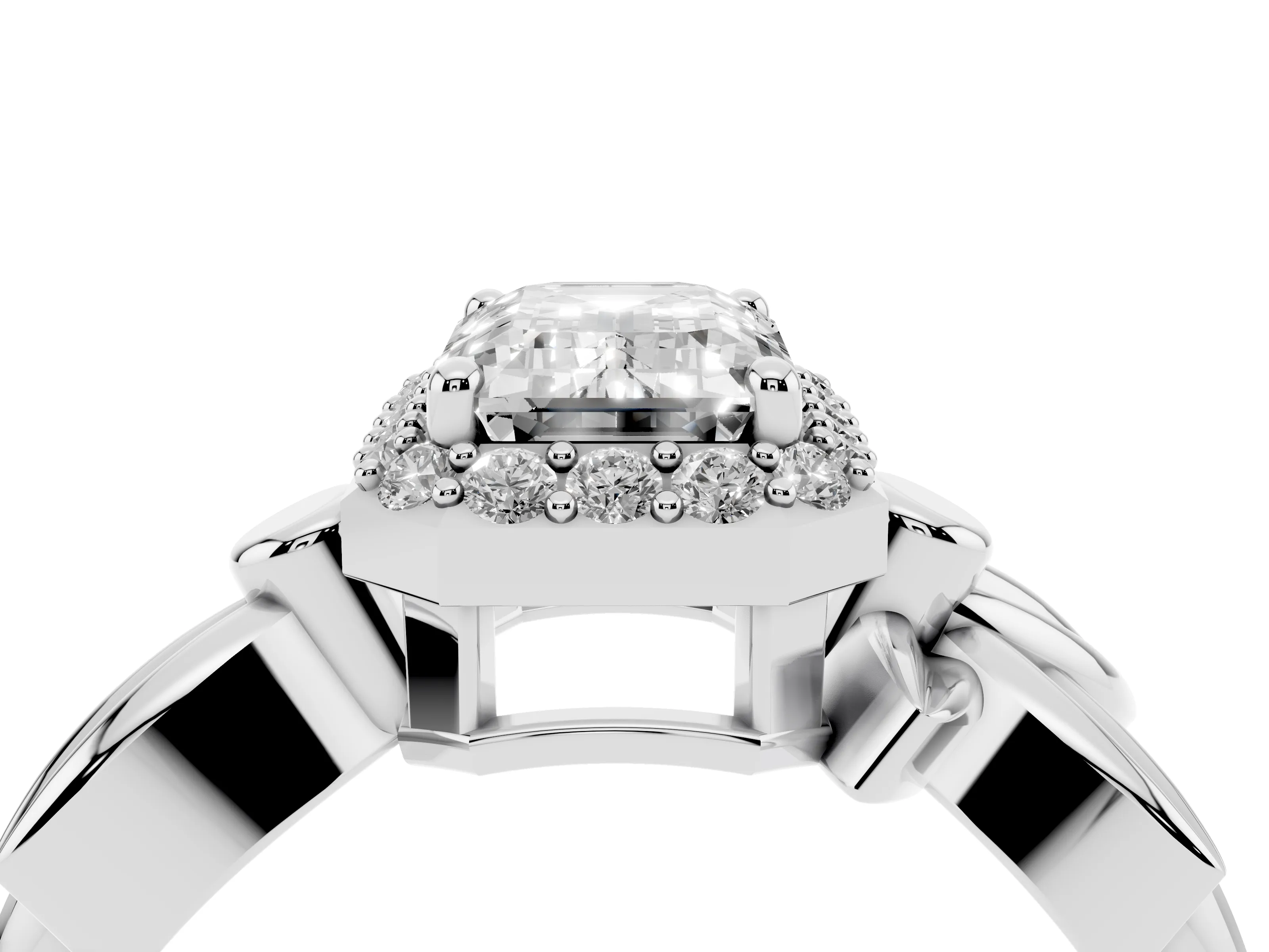 Emerald Cut Diamond Halo Floral Band Ring Set in White gold with Prong Setting