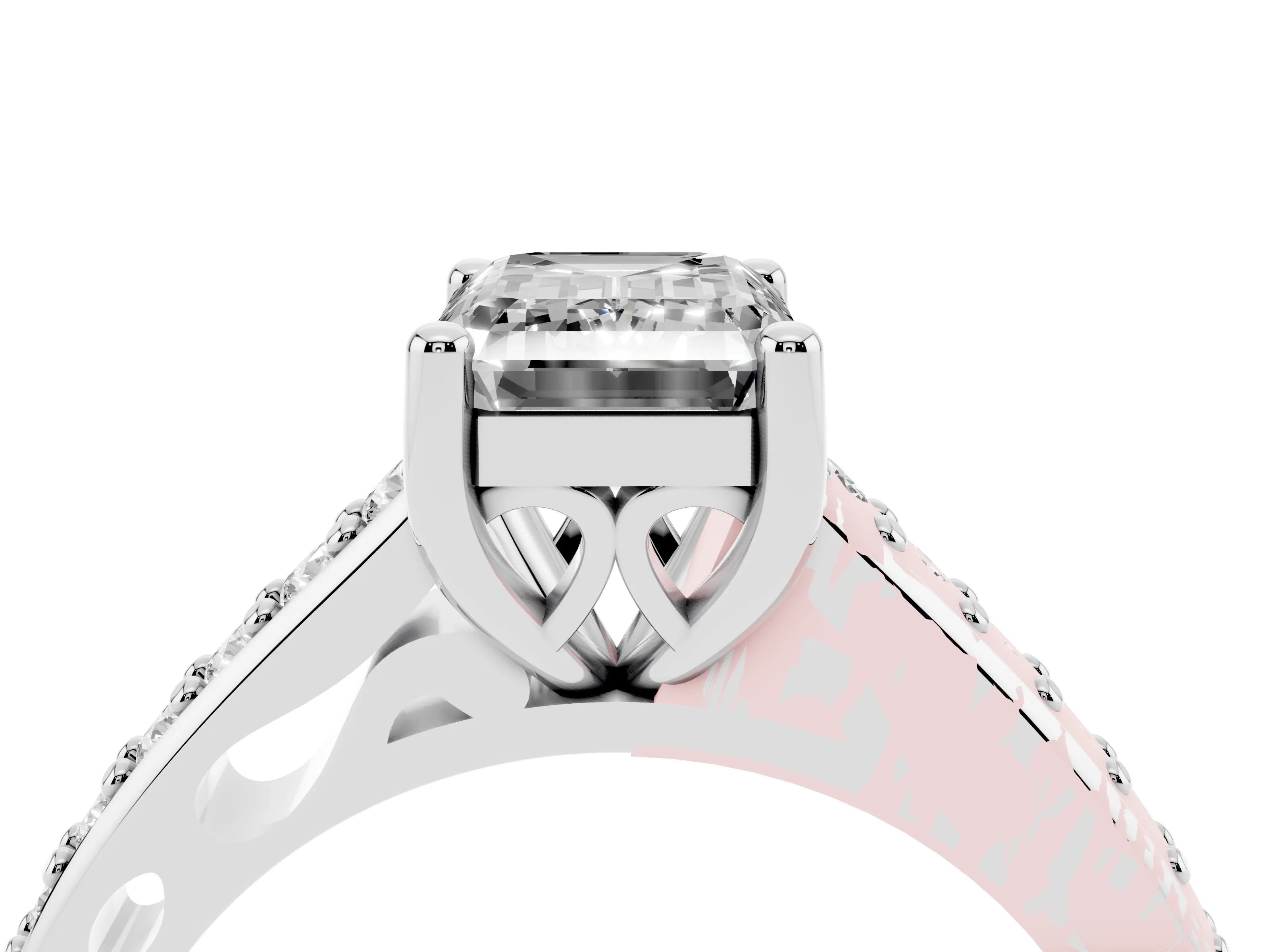 Emerald Cut Diamond Prong Set Solitaire Engagement Ring Set in Platinum with Pavé Band