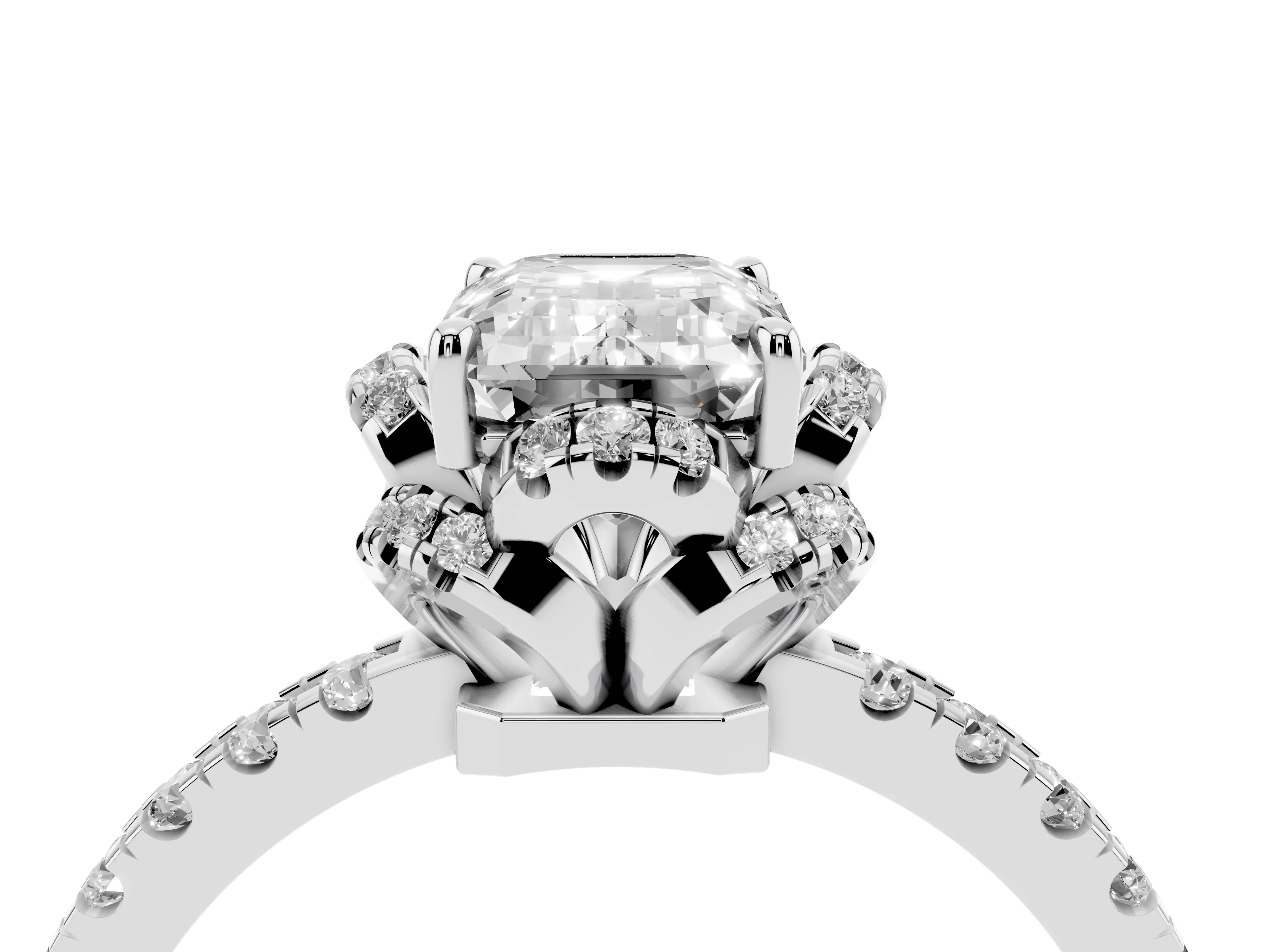 Emerald Cut Diamond Halo Pavé Band Ring Set in Platinum with Prong-Held Center