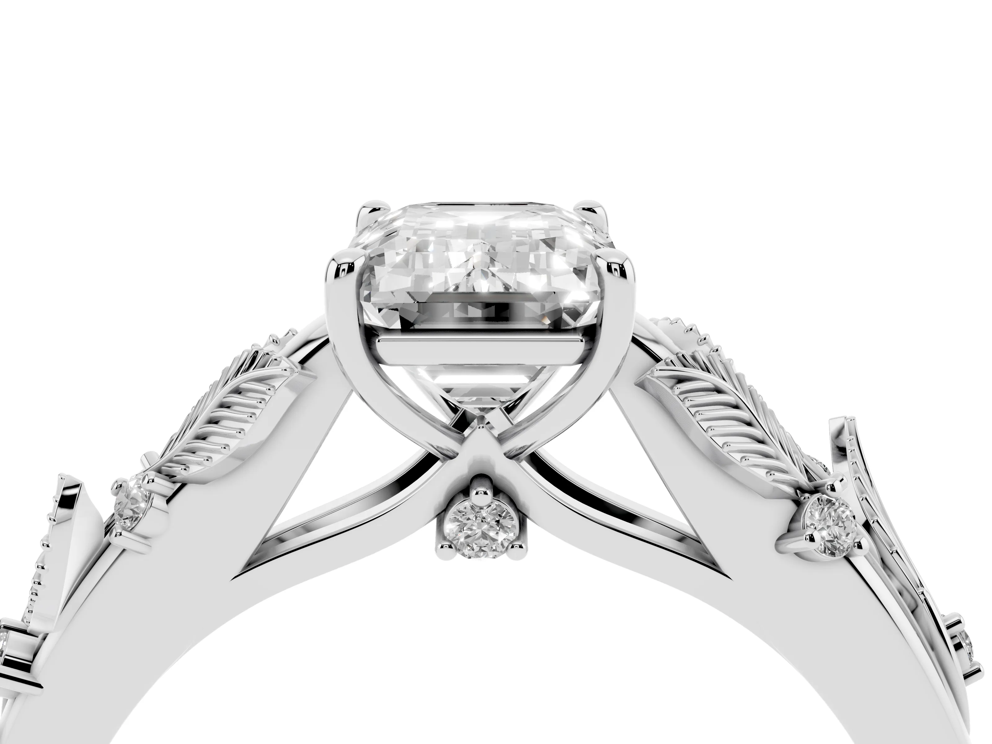 Emerald Cut Diamond Solitaire Ring Set in Platinum with Leaf Motif Band