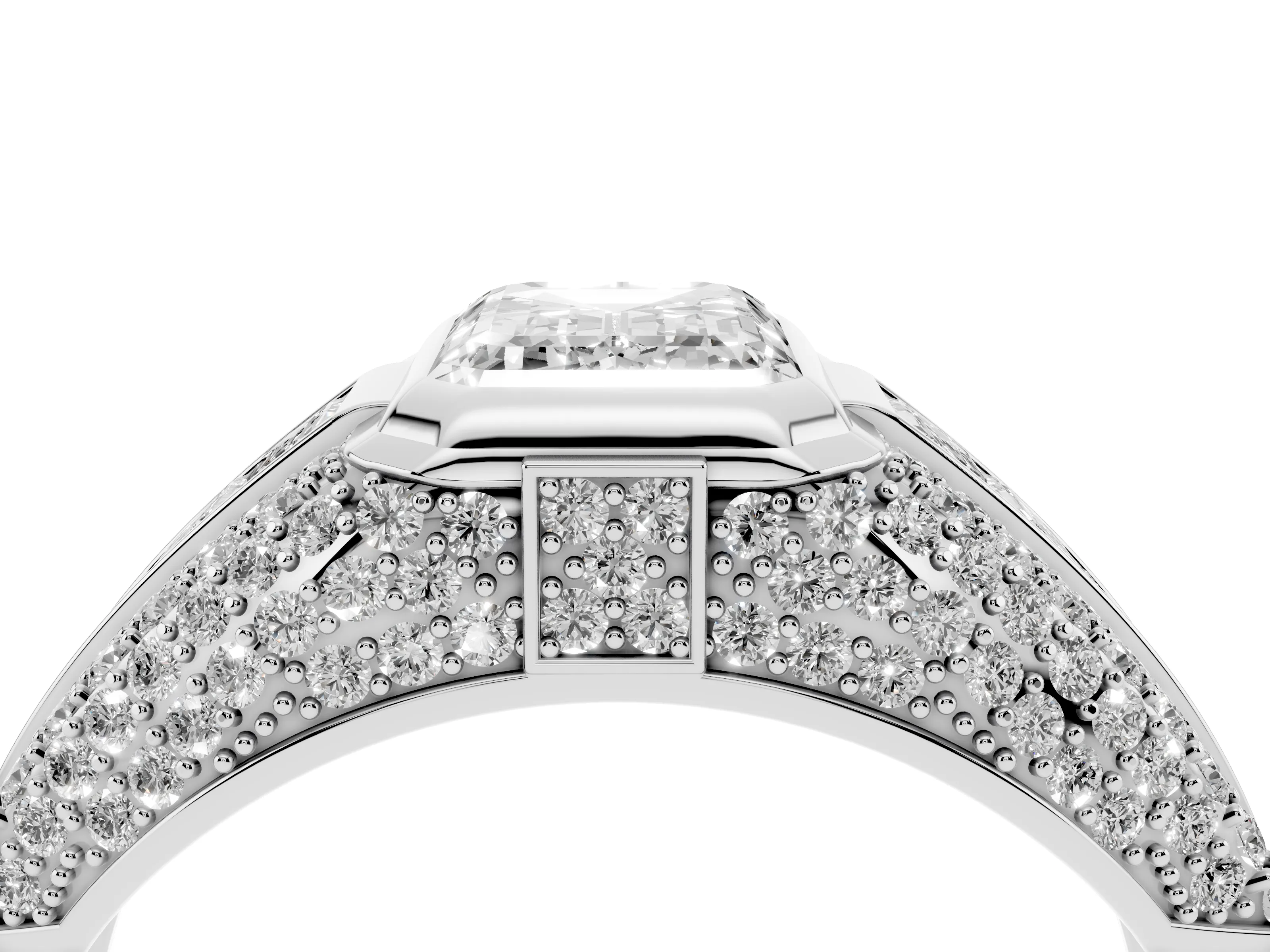 Emerald Cut Diamond Mens Ring Set in Platinum with Structured Side Stones and Pavé Shoulders