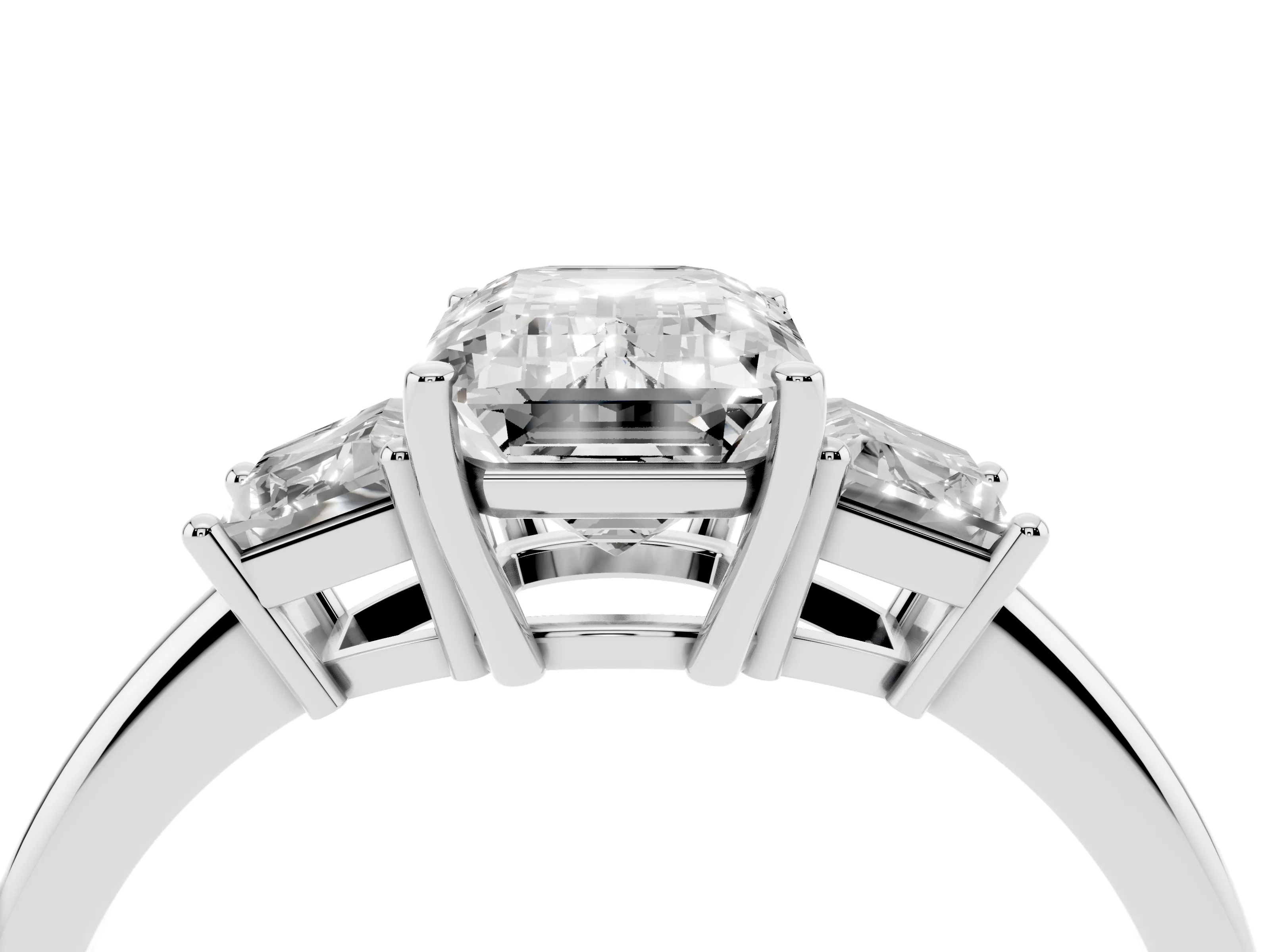Emerald Cut Diamond Three-Stone Ring Set in Platinum with Trapezoid Side Stones and Prong Setting