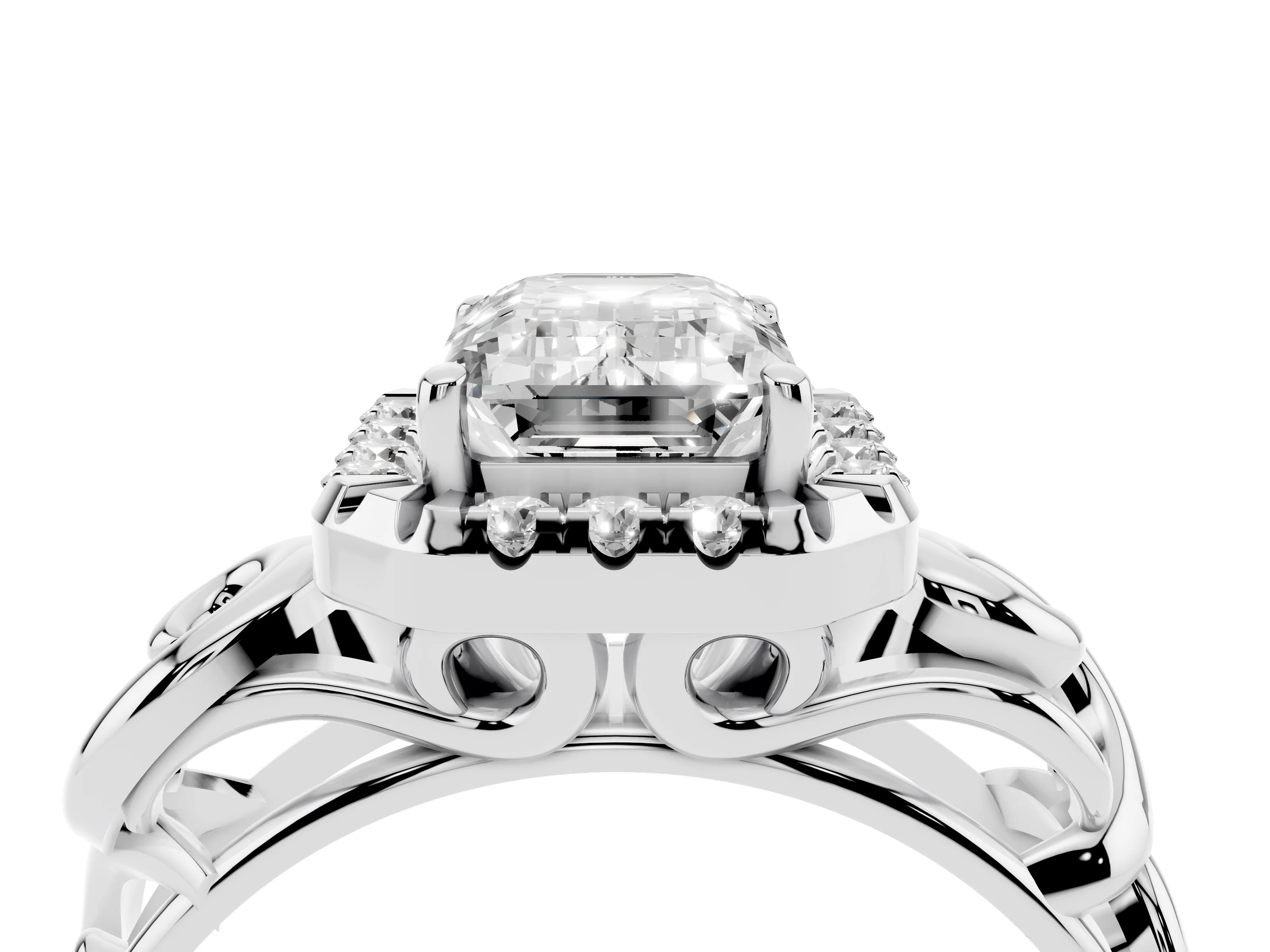 Emerald Cut Diamond Halo Ring Set in Platinum with Scrollwork Band and Prong Setting