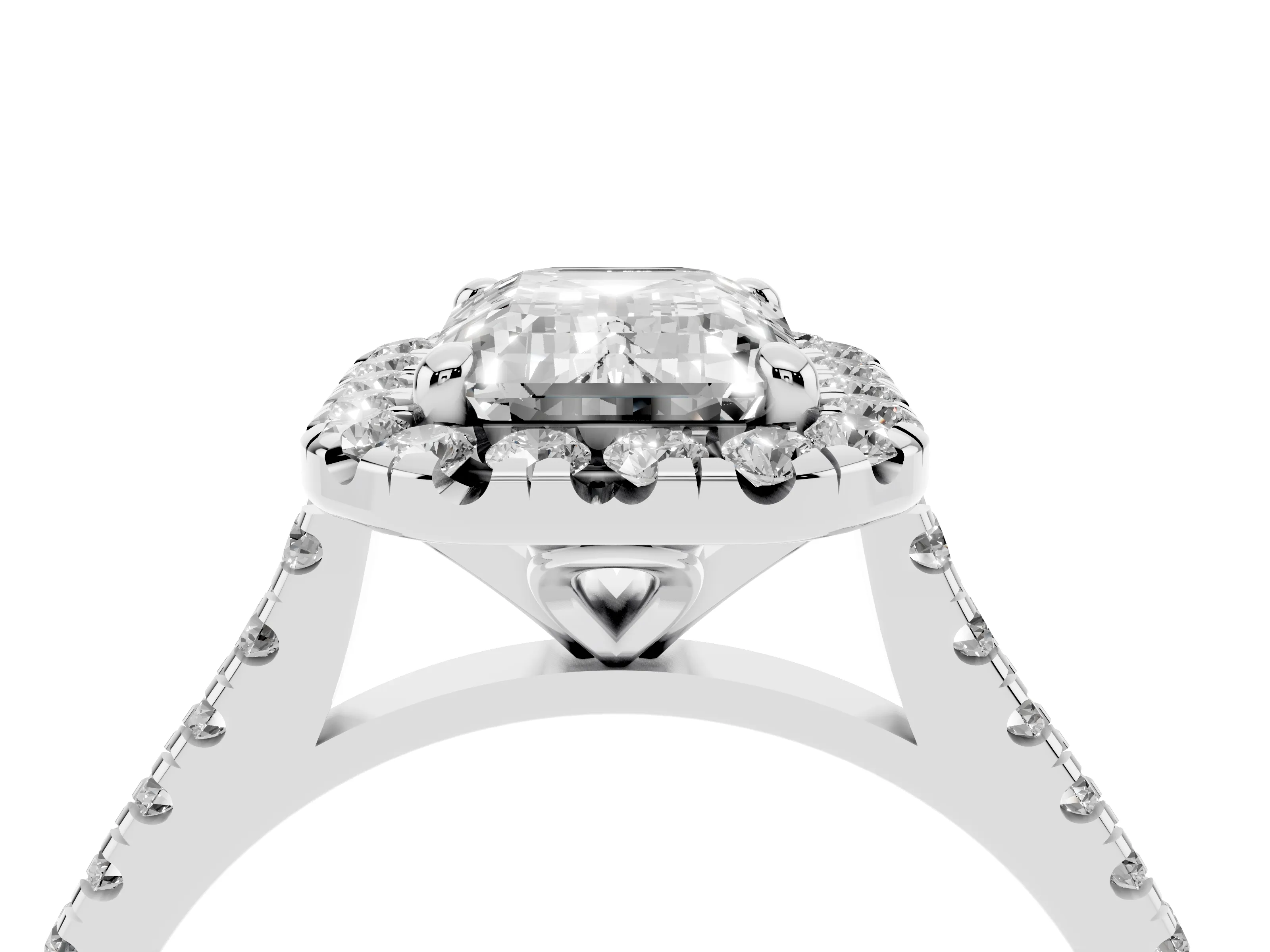 Emerald Cut Diamond Cushion Halo Ring Set in White gold with Pavé Band
