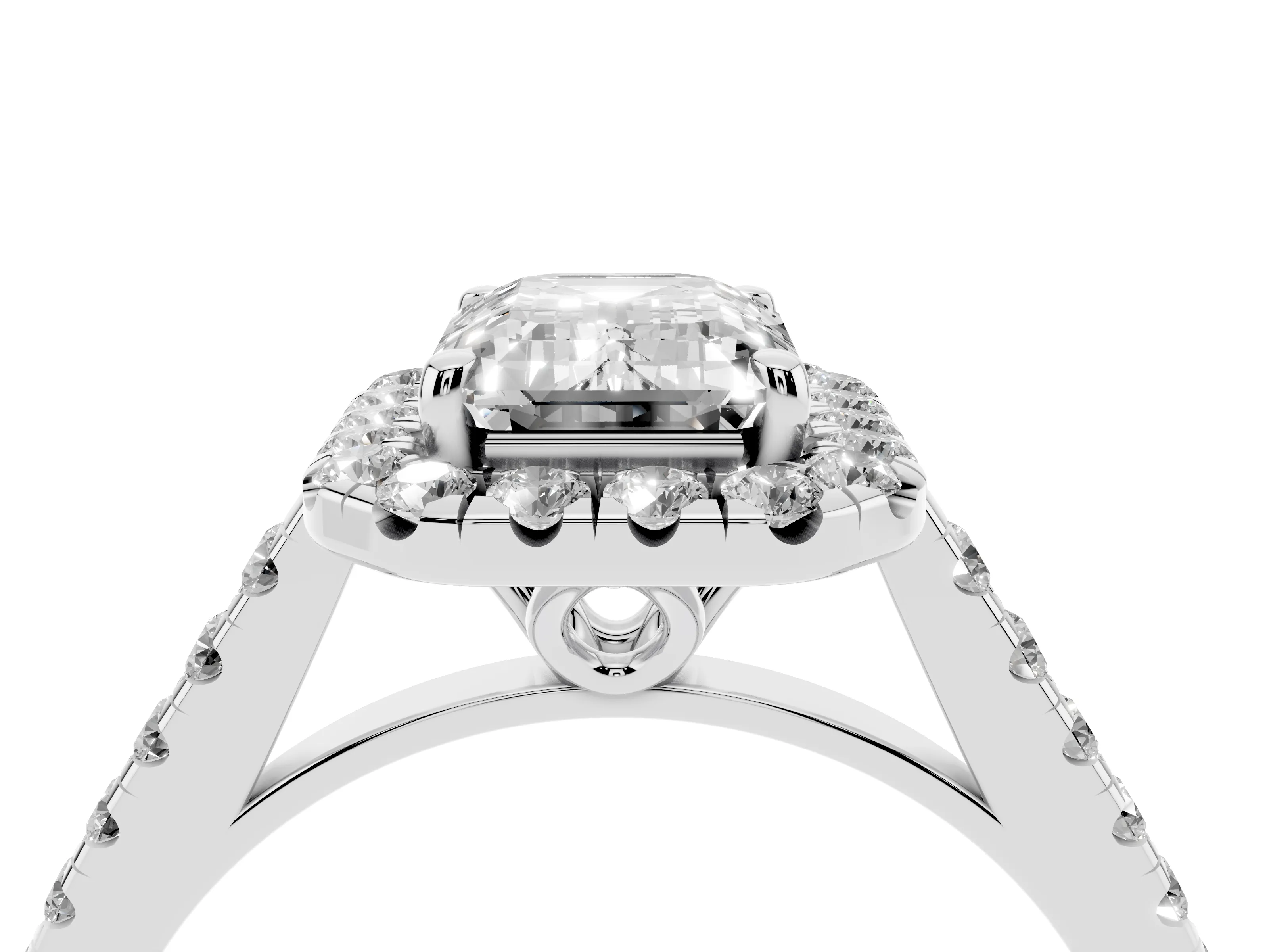 Emerald Cut Diamond Pavé Halo Engagement Ring Set in Silver with Pavé Band and Prong Setting