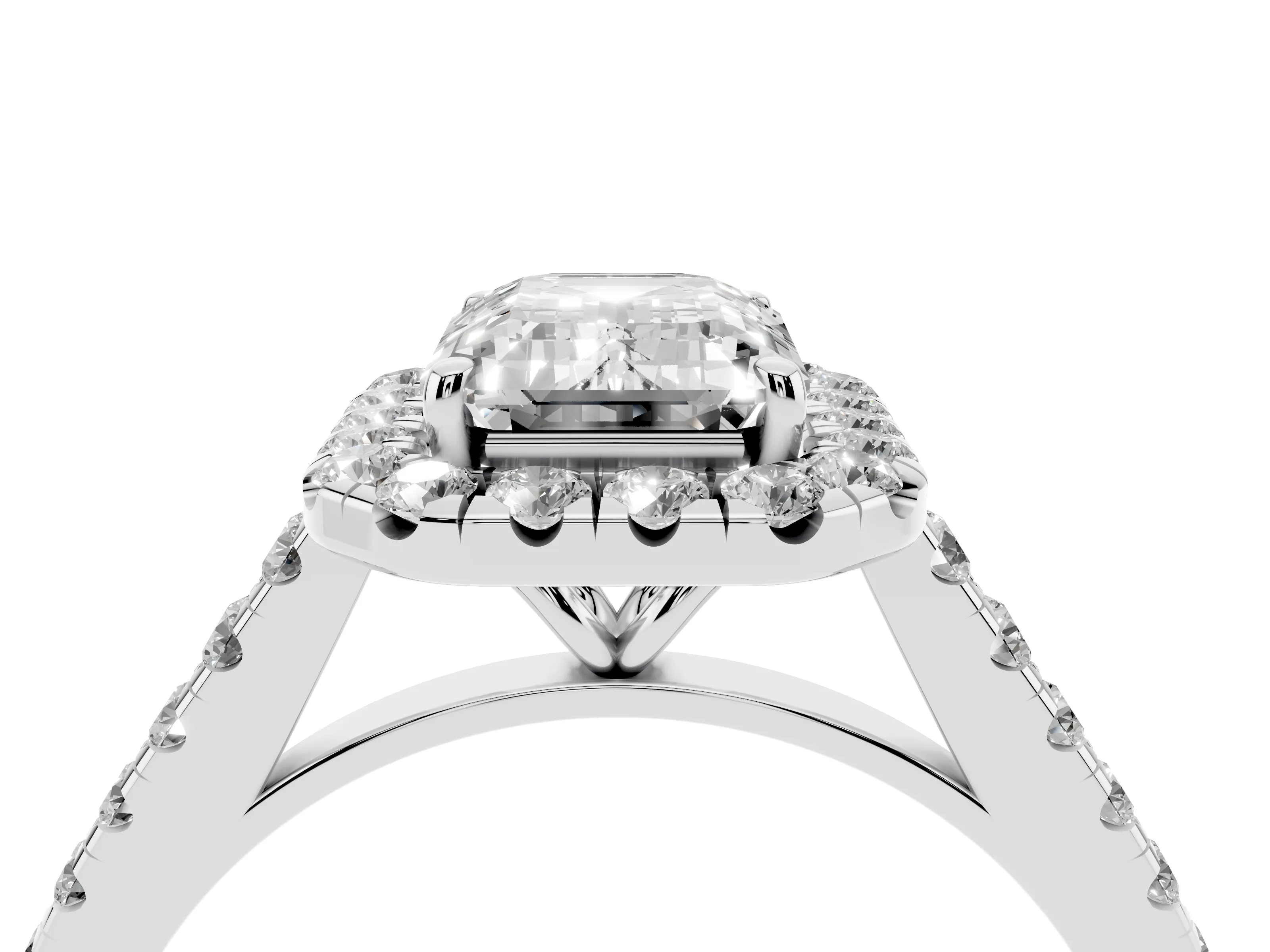Emerald Cut Diamond Halo Pavé Engagement Ring Set in Silver with Prong Setting