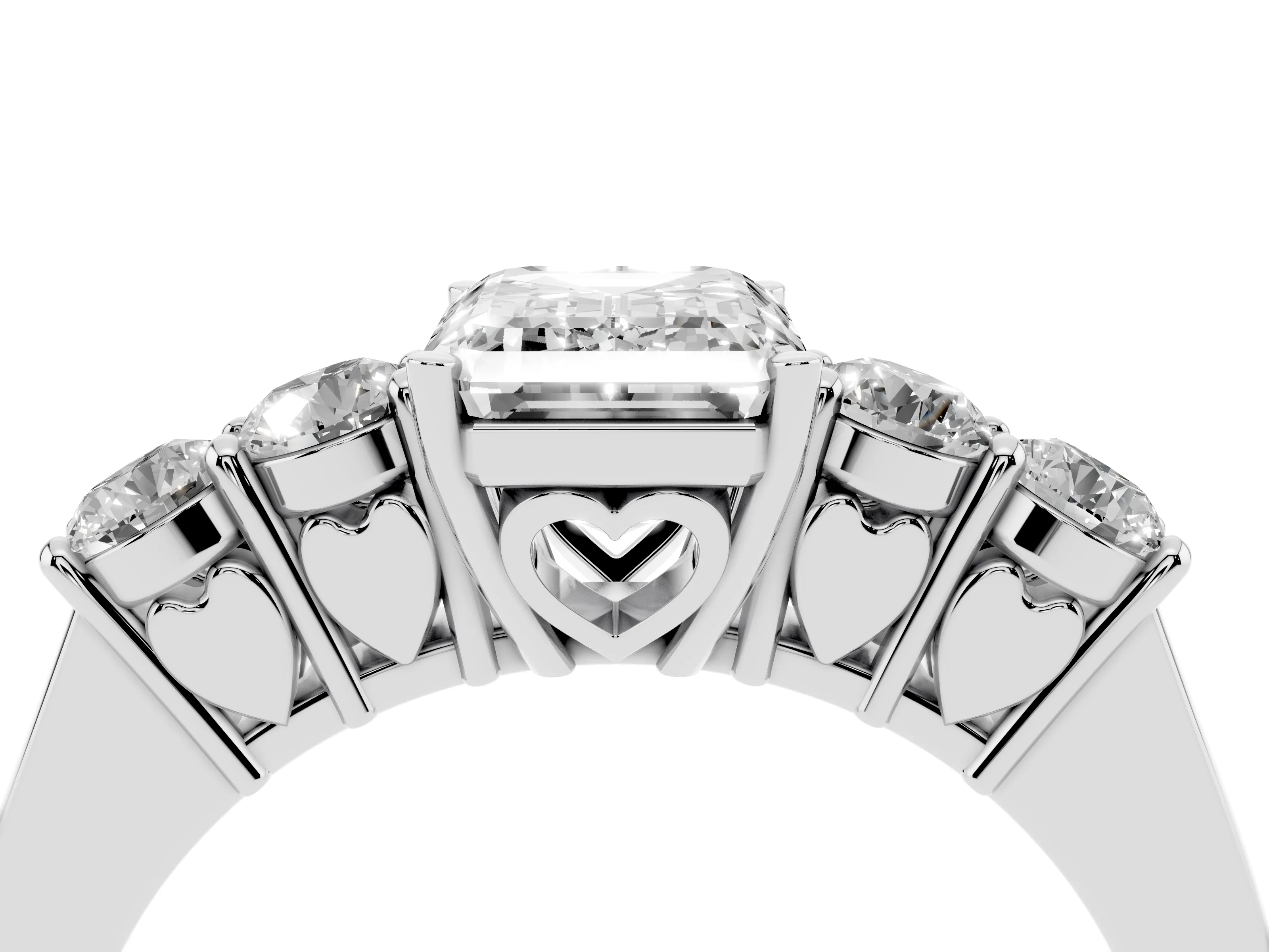 Emerald Cut Diamond Five-Stone Prong Set Band Ring Set in White gold with Polished Band
