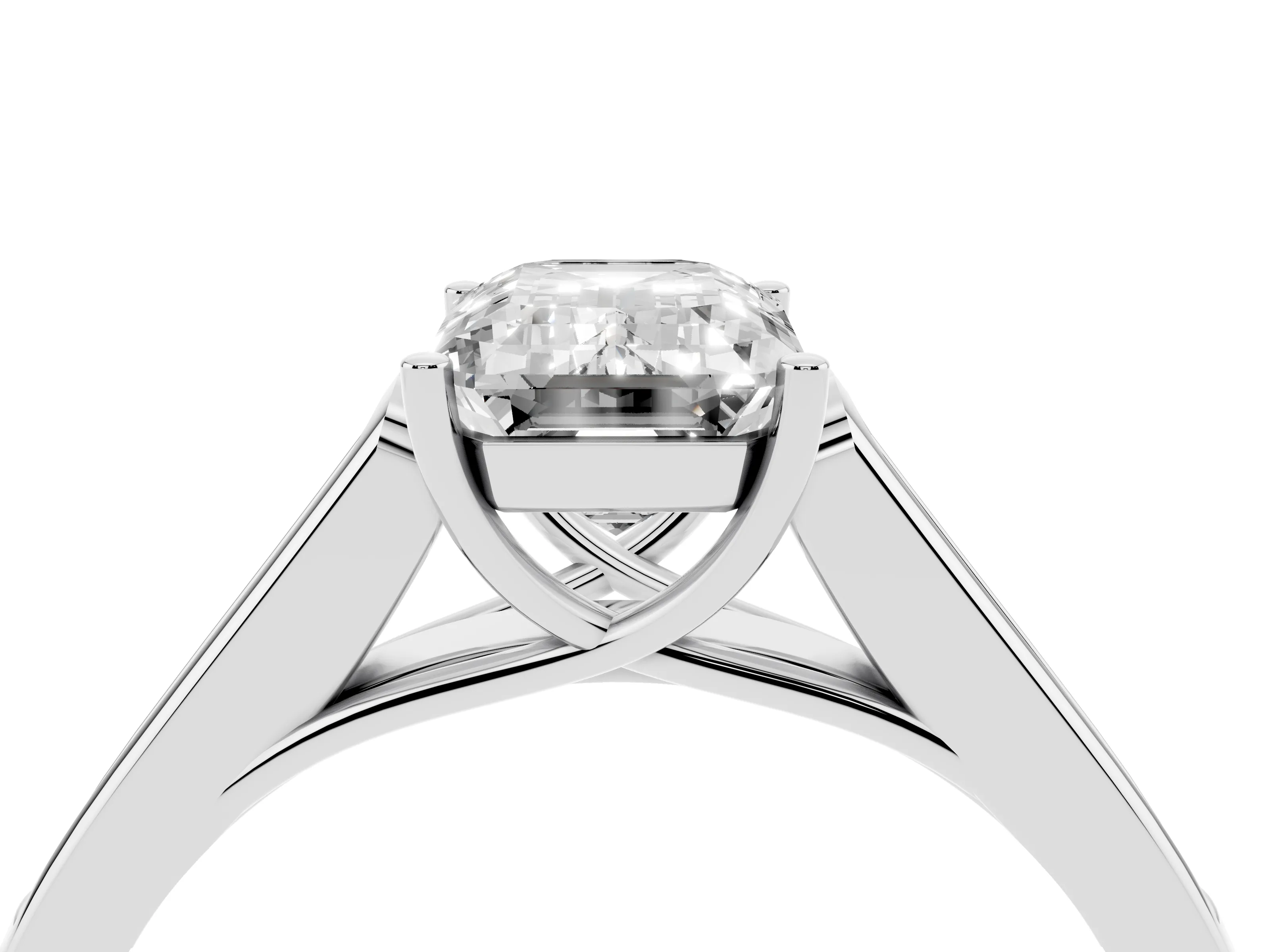 Emerald Cut Diamond Solitaire Cathedral Engagement Ring Set in White gold with Channel-Set Band and Prong Setting