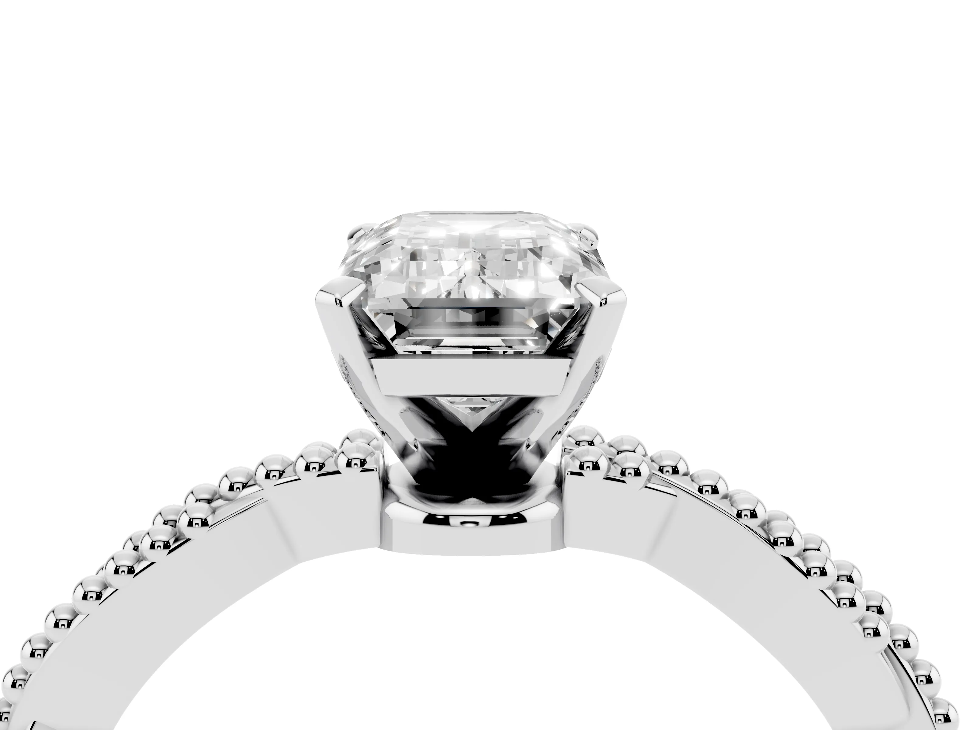 Emerald Cut Diamond Solitaire Ring Set in Platinum with Twisted Band and Bead Prong Setting