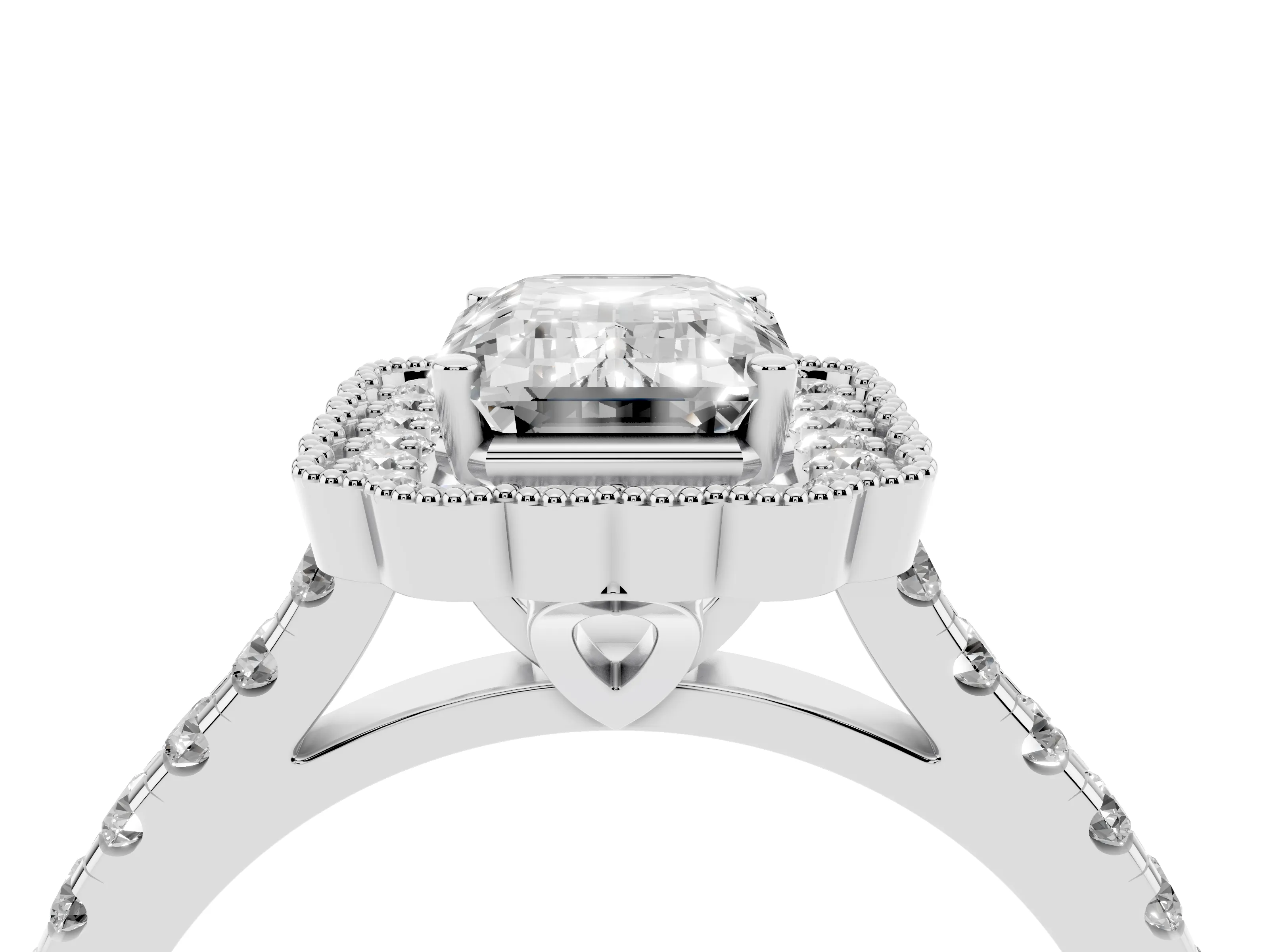 Emerald Cut Diamond Milgrain Floral Halo Engagement Ring Set in Platinum with Pavé Band