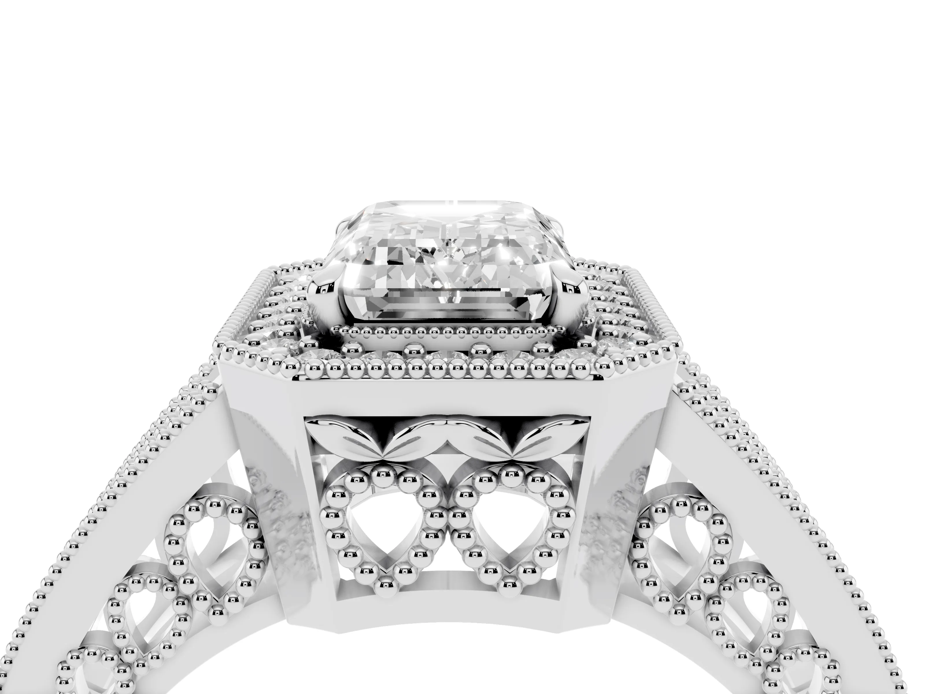 Emerald Cut Diamond Halo Ring Set in White gold with Stone-Set Split Shank and Milgrain Edges