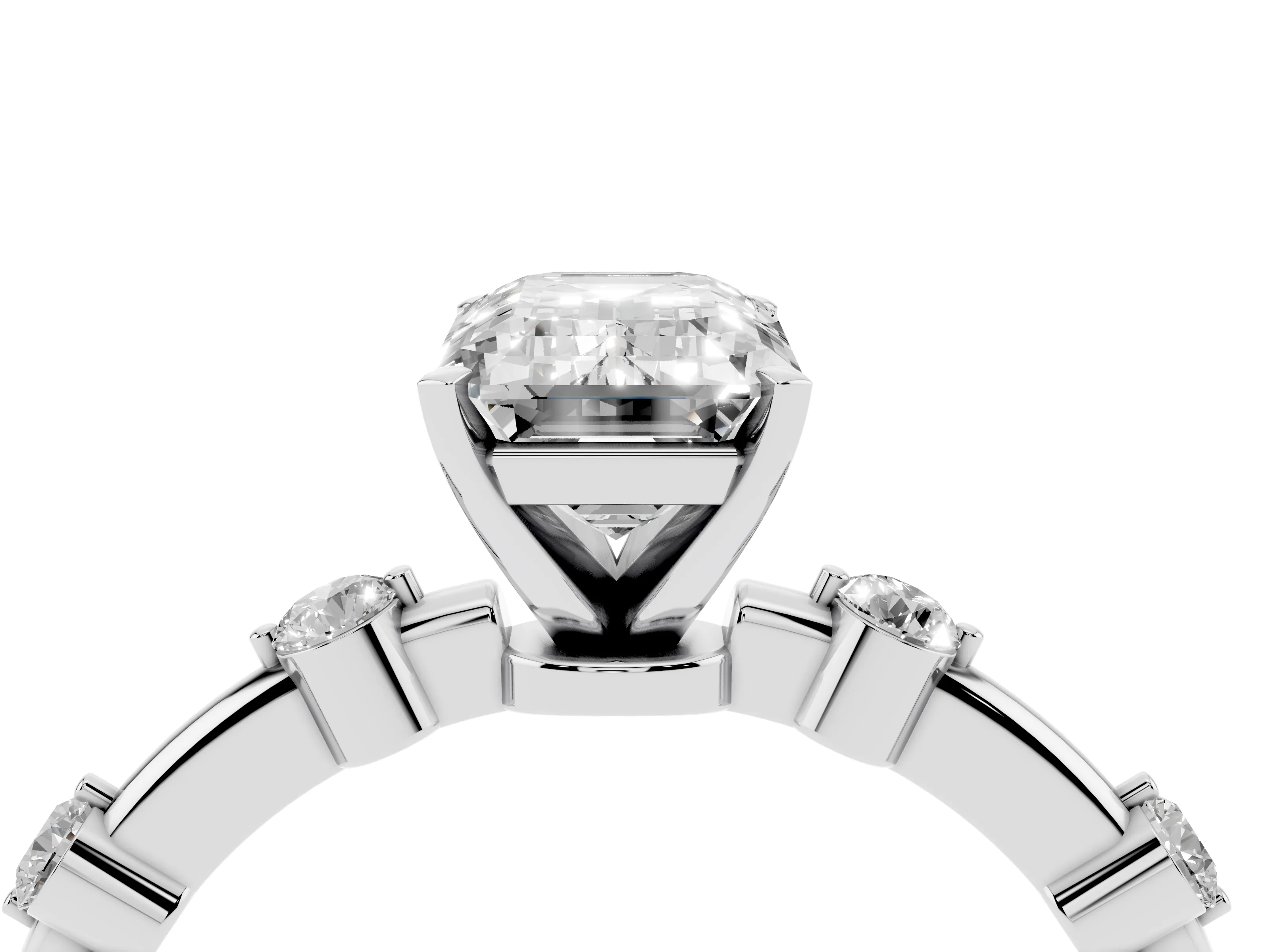 Emerald Cut Diamond Solitaire Ring Set in Silver with Bezel Set Side Stones and Prong Setting