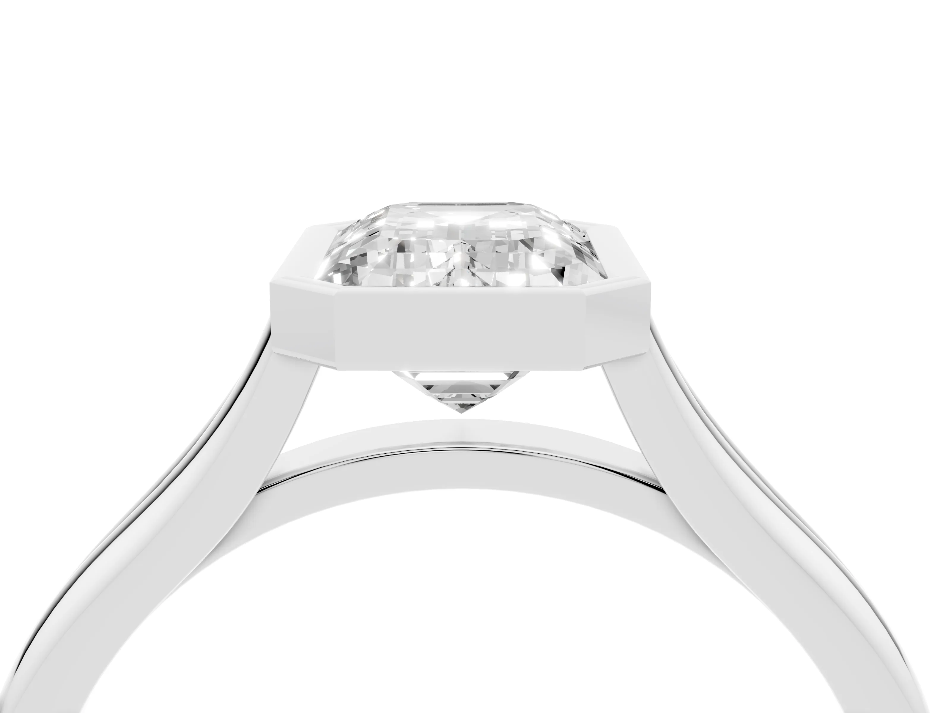 Bezel Set Emerald Cut Diamond Solitaire Ring Set in Platinum with Tapered Band