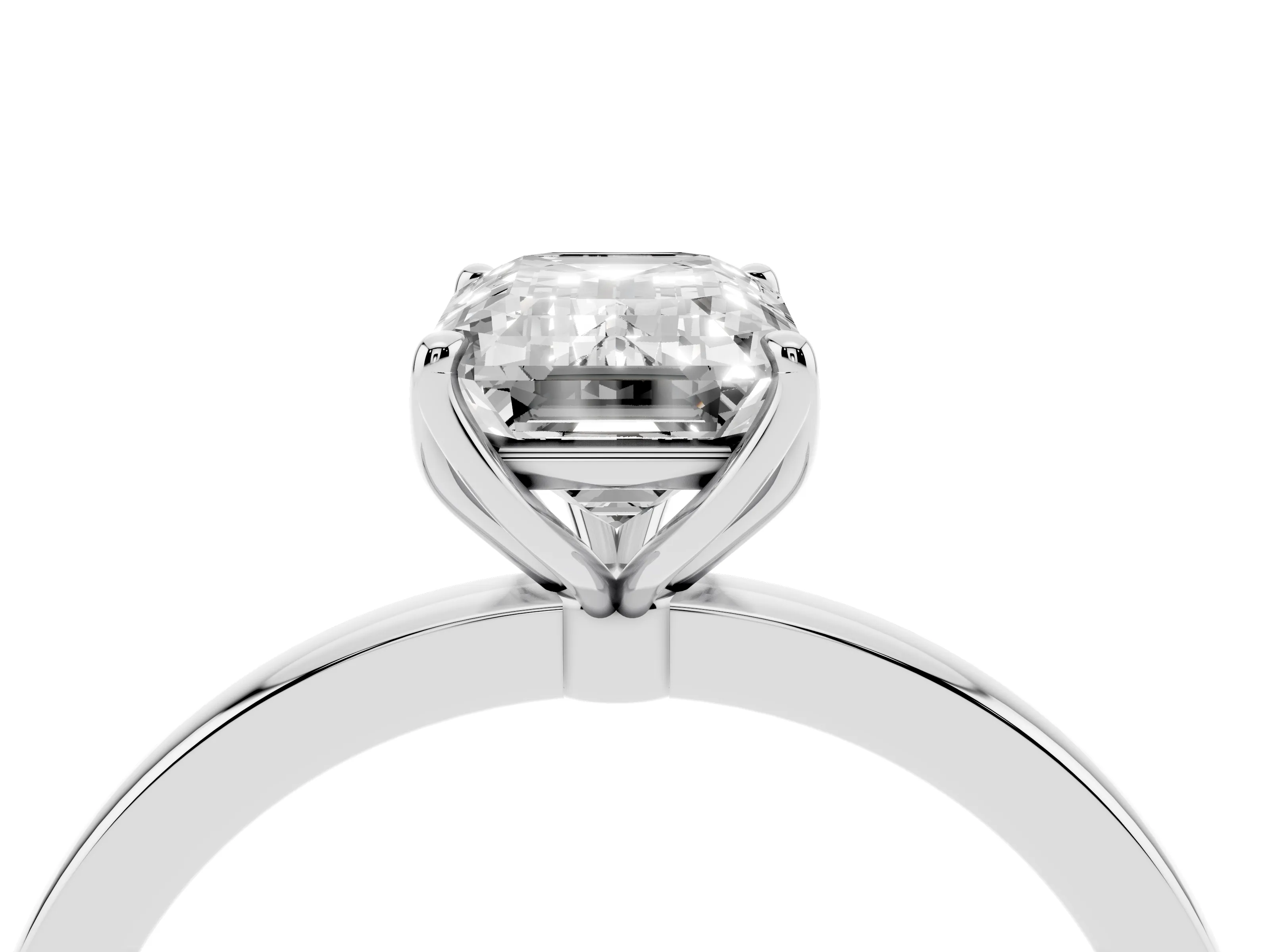 Emerald Cut Diamond Solitaire Ring Set in White gold with Prong Setting and Thin Polished Band