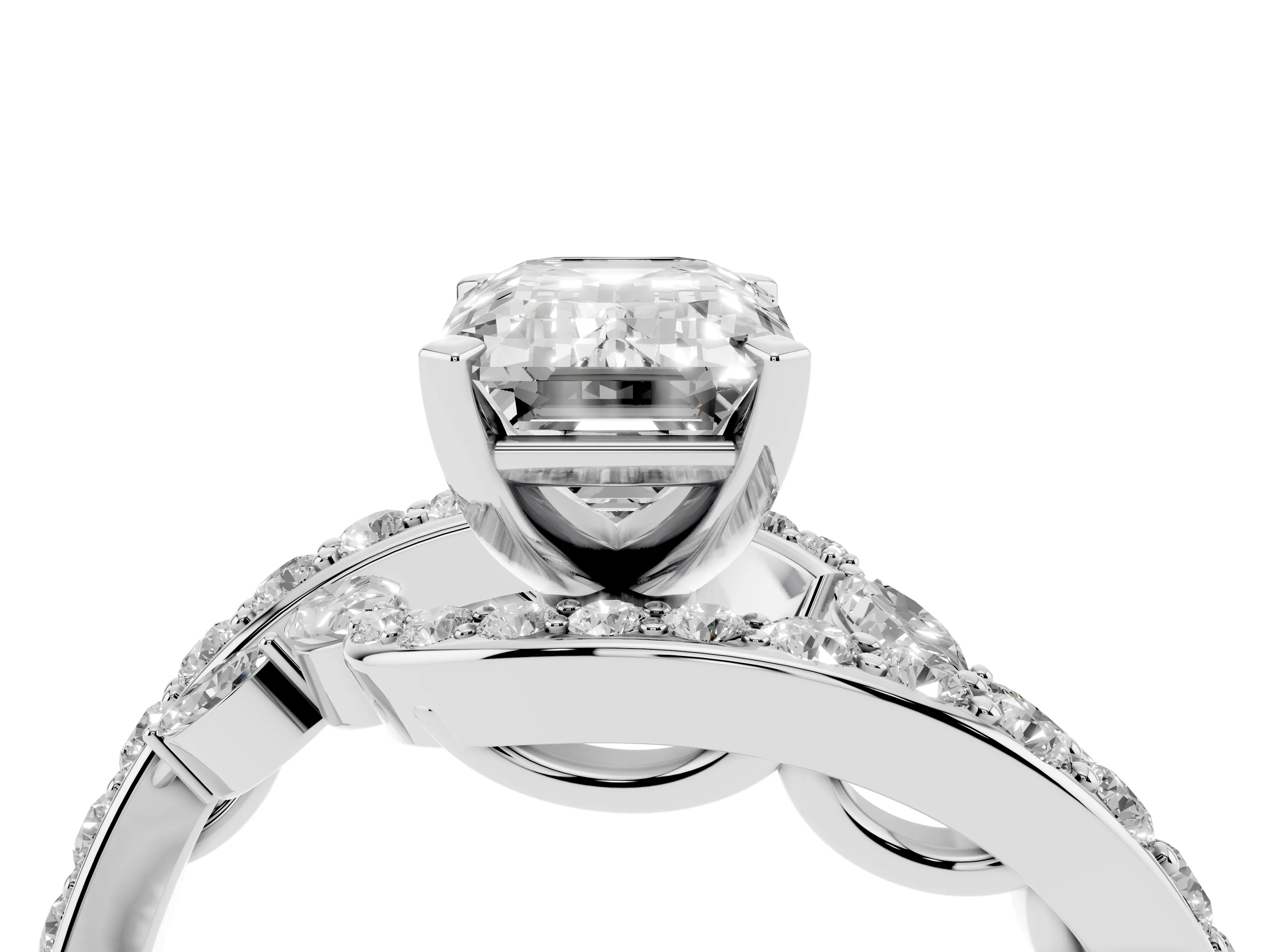 Emerald Cut Diamond Solitaire Ring Set in Platinum with Pavé Twist Band and Secure Prong Setting