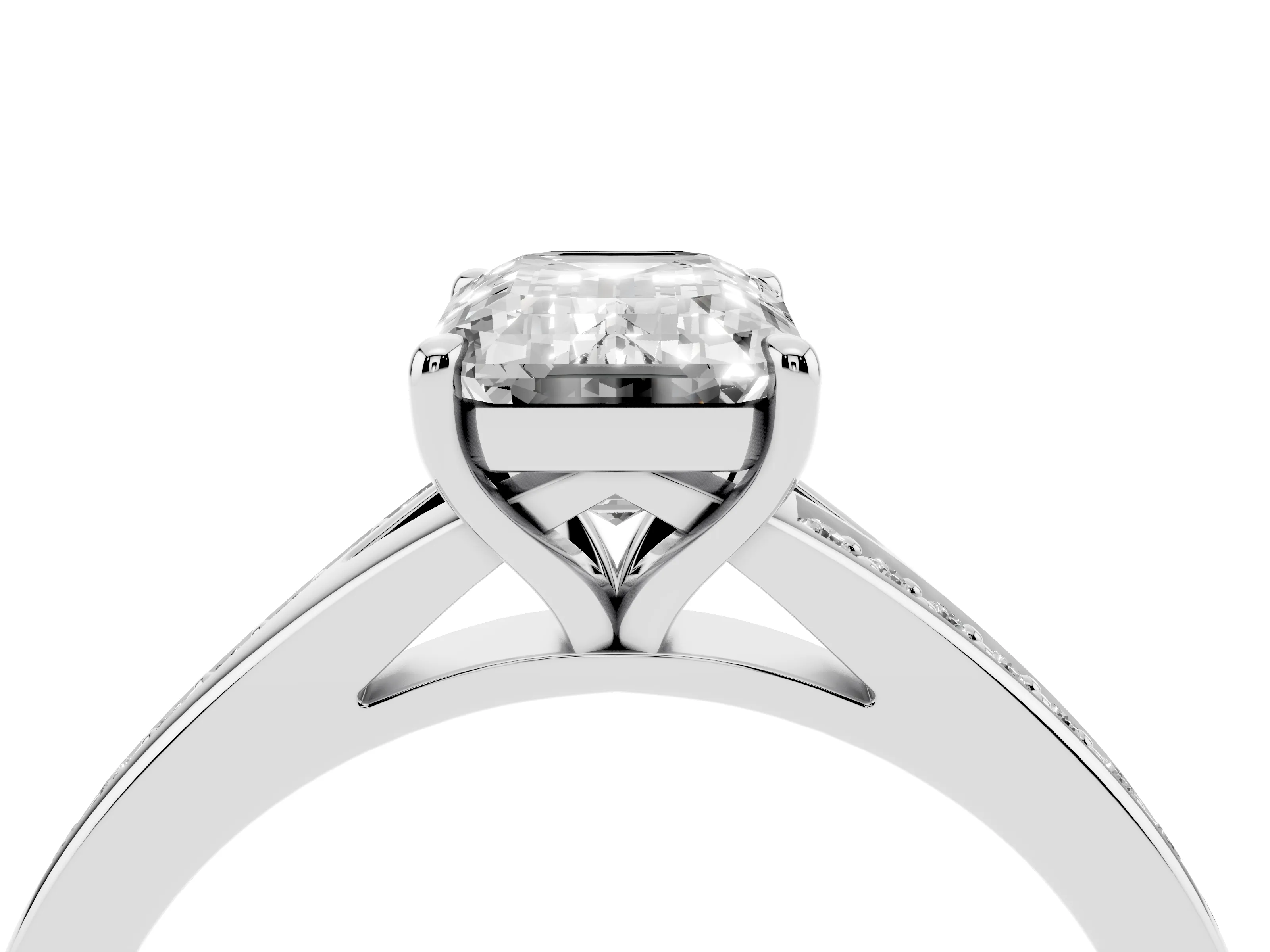 Emerald Cut Diamond Solitaire Ring Set in Silver with Pavé Accent Band and Classic Prong Setting