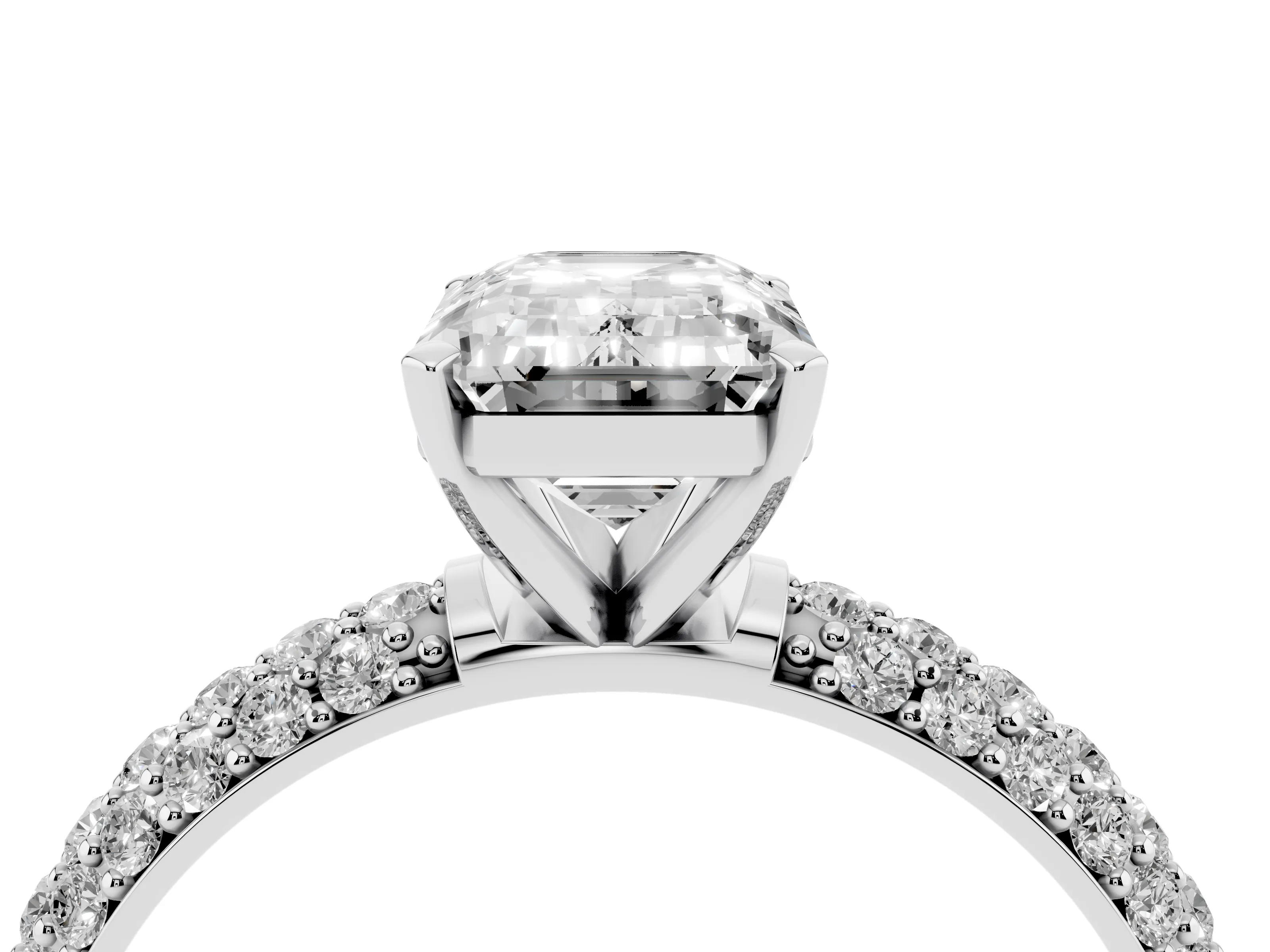 Emerald Cut Diamond Solitaire Ring Set in Platinum with Prong Setting and Pavé-Set Band