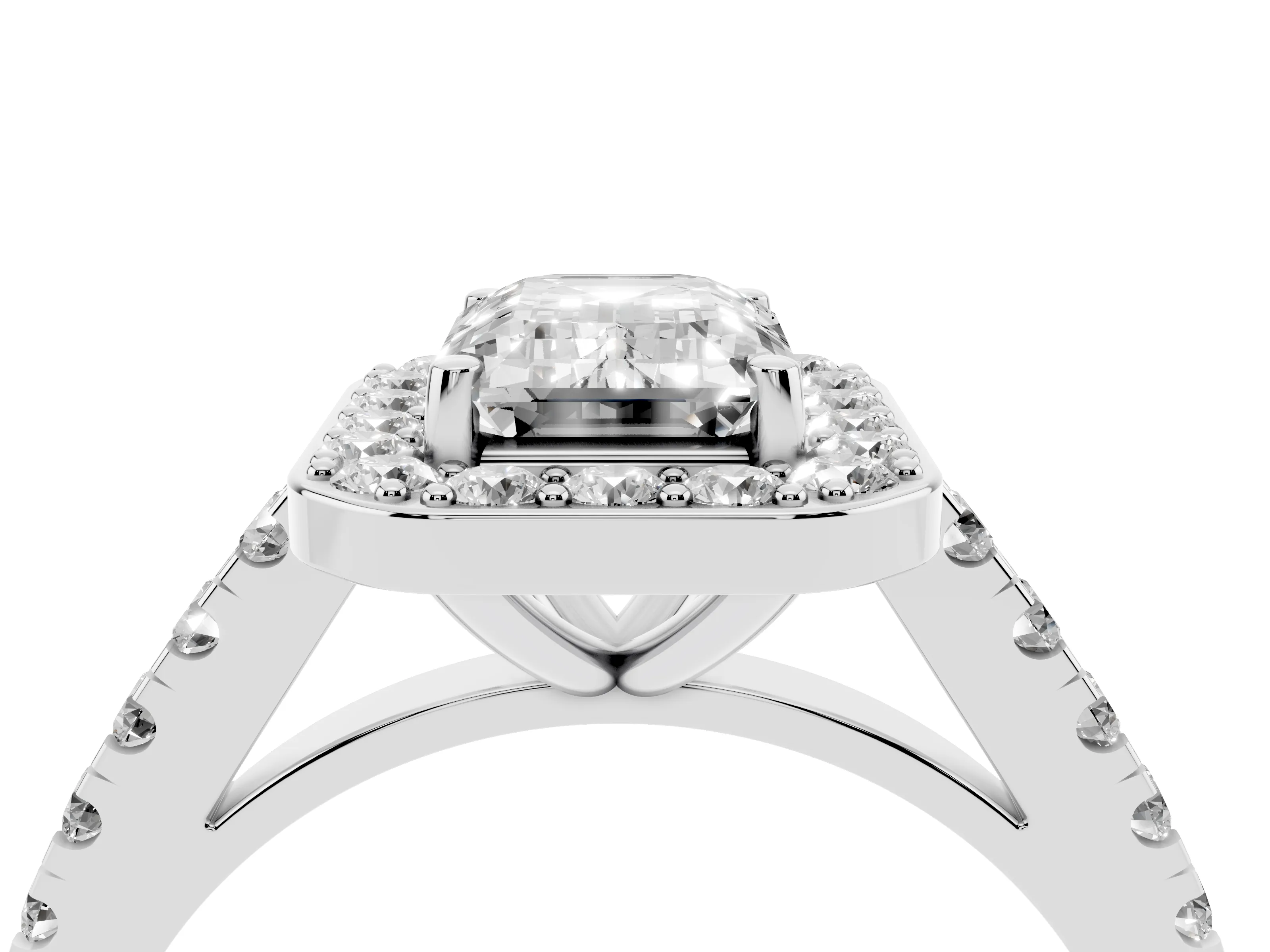 Emerald Cut Diamond Halo Ring Set in Platinum with Round Pavé Split Shank and Prong Setting