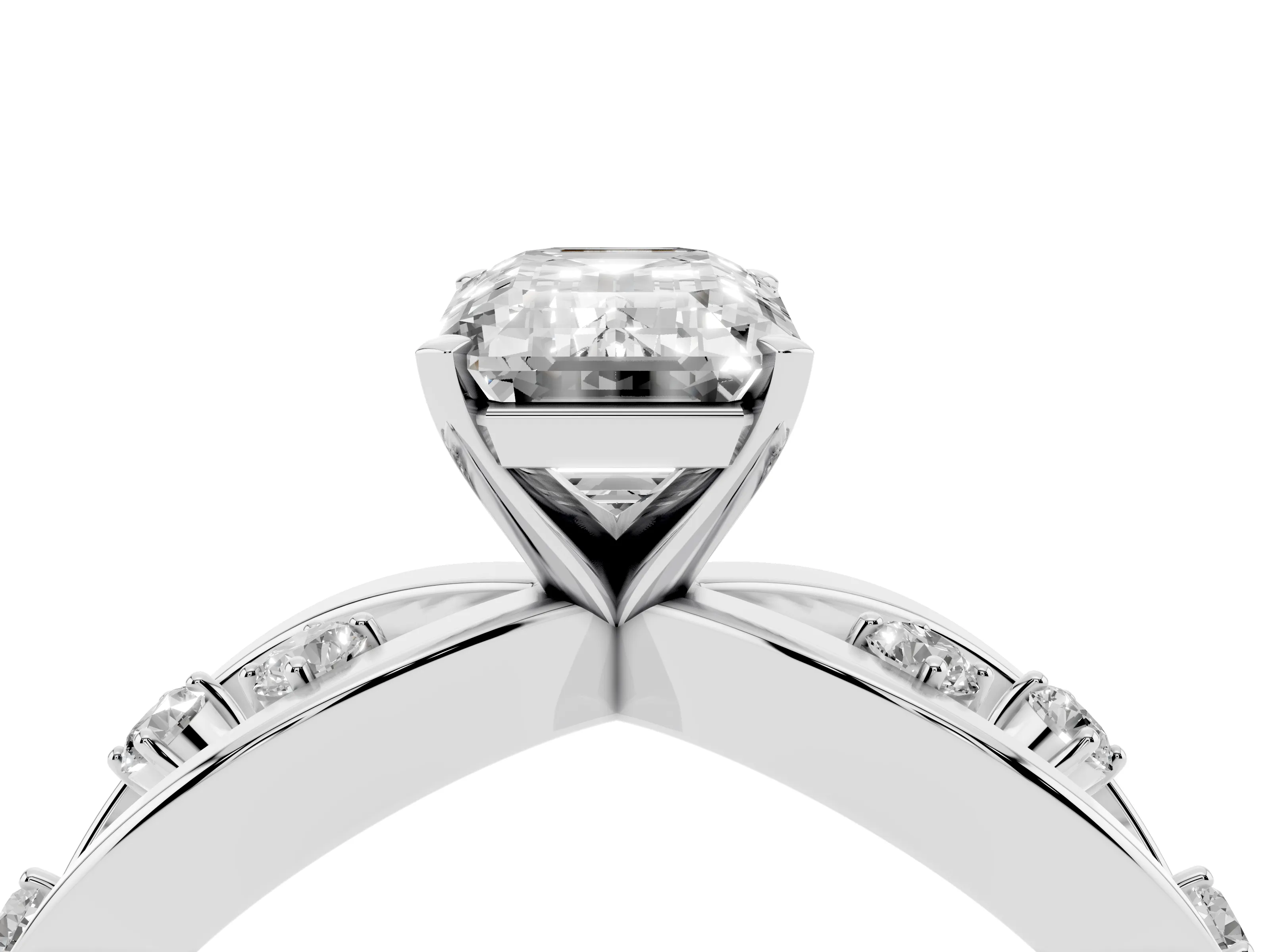 Emerald Cut Diamond Solitaire Ring Set in Platinum with Side Stones on Criss-Cross Band and Prong Setting