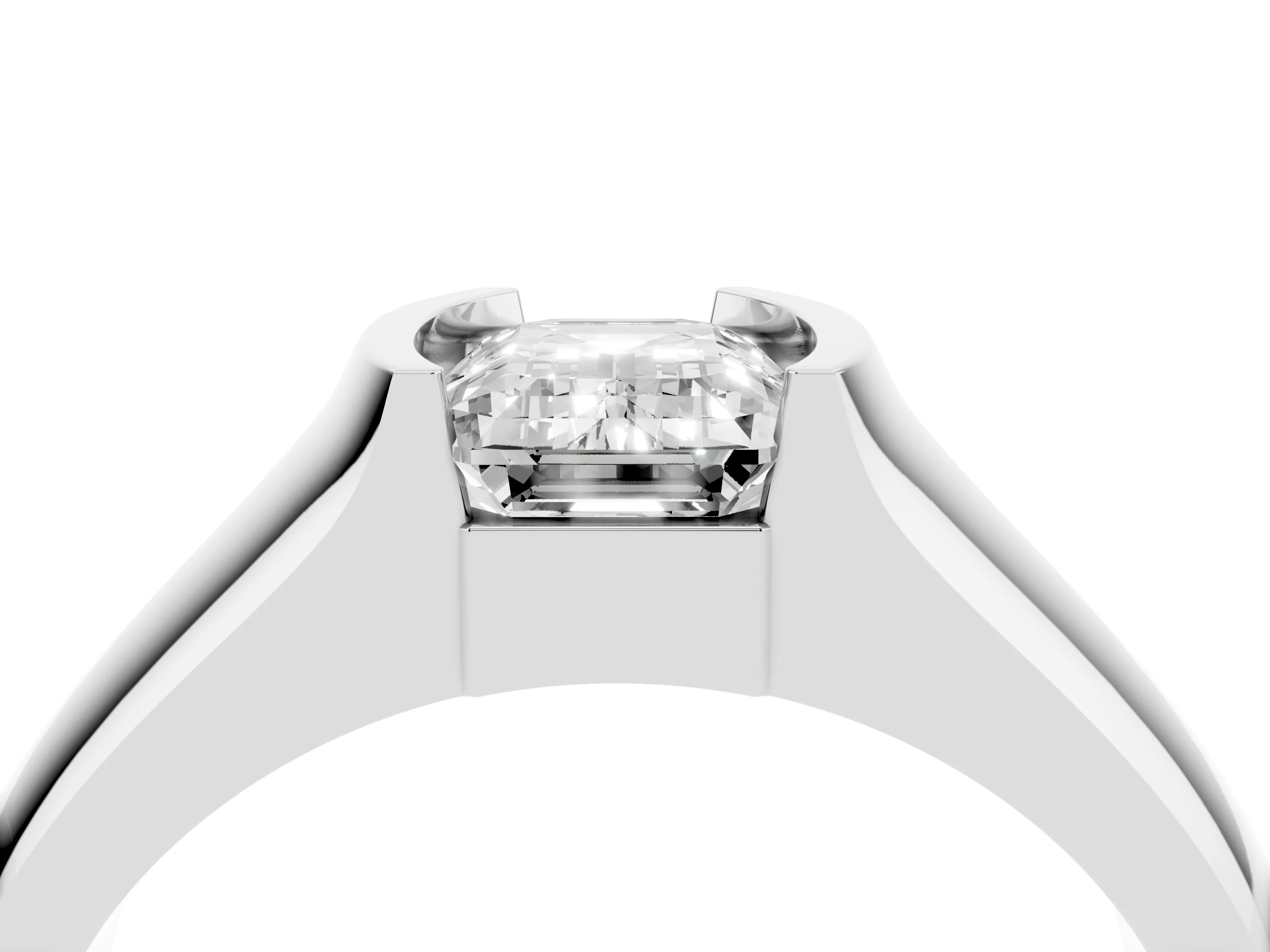 Emerald Cut Diamond Bezel Solitaire Ring Set in Silver with Wide Band