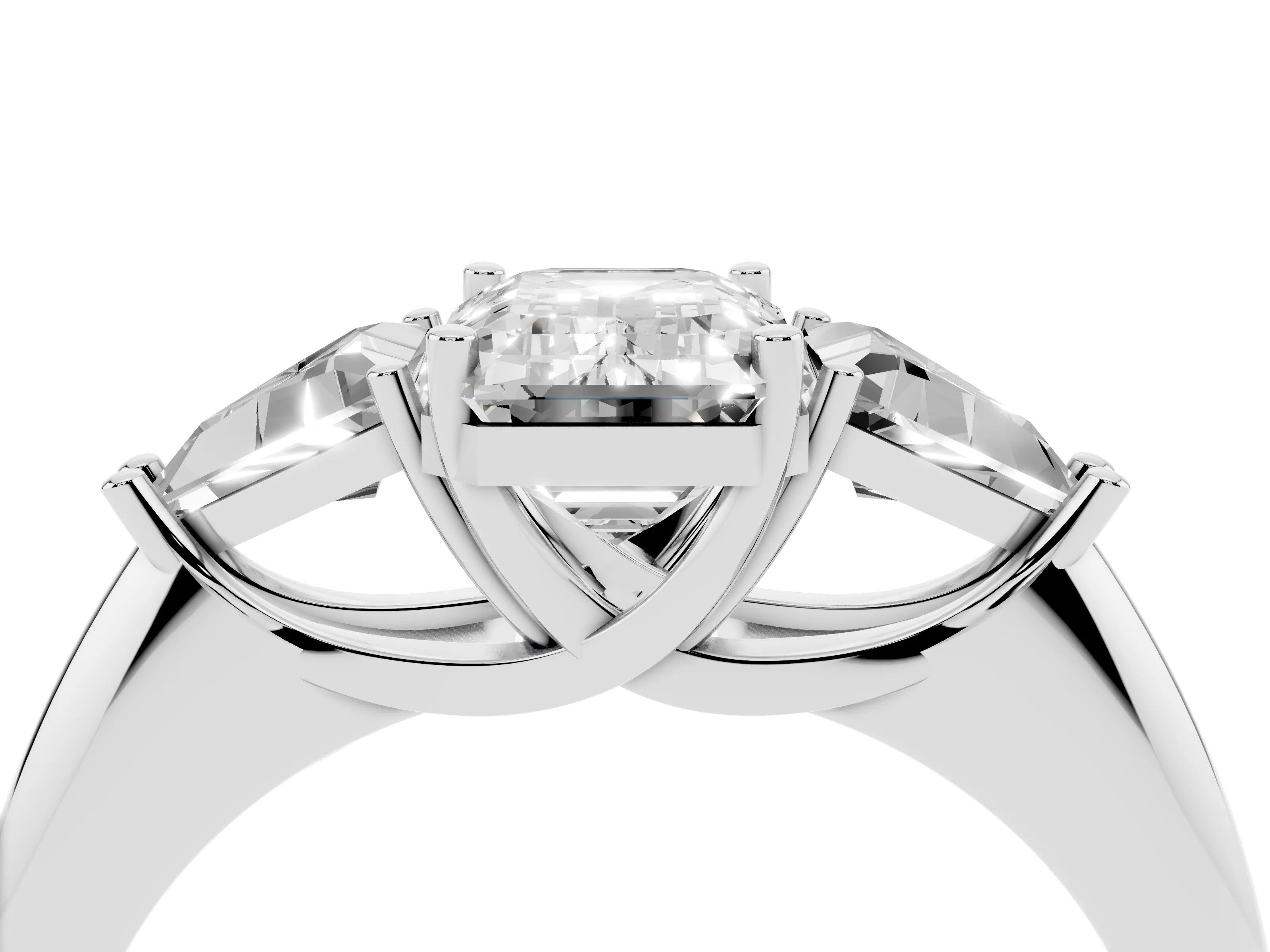 Emerald Cut Diamond Three-Stone Engagement Ring Set in Silver with Trillion Side Stones