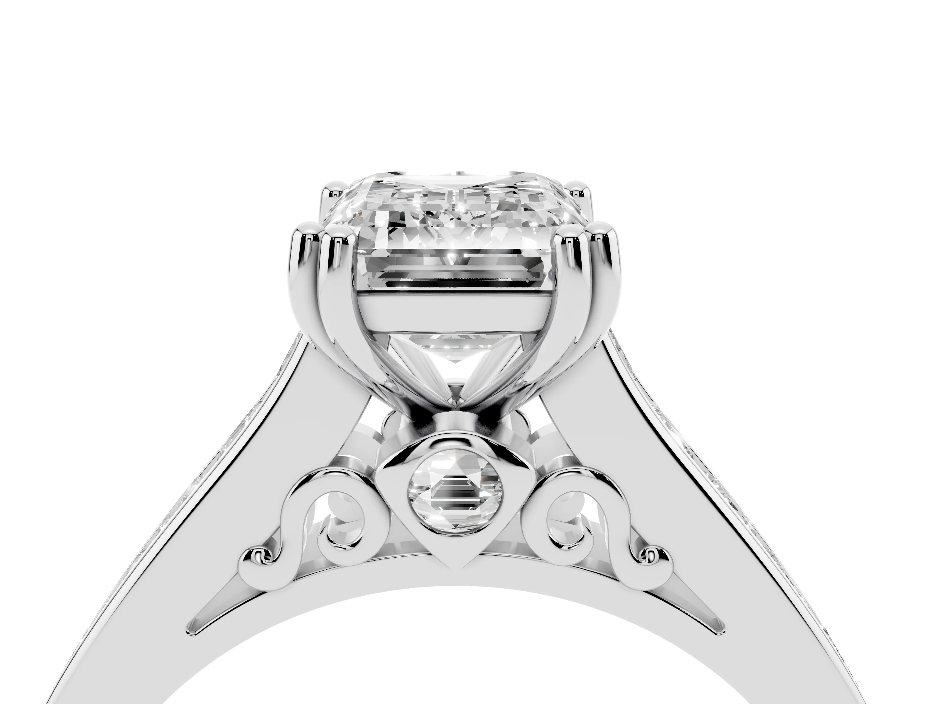 Emerald Cut Diamond Channel Set Solitaire Engagement Ring Set in Silver with Prong Setting