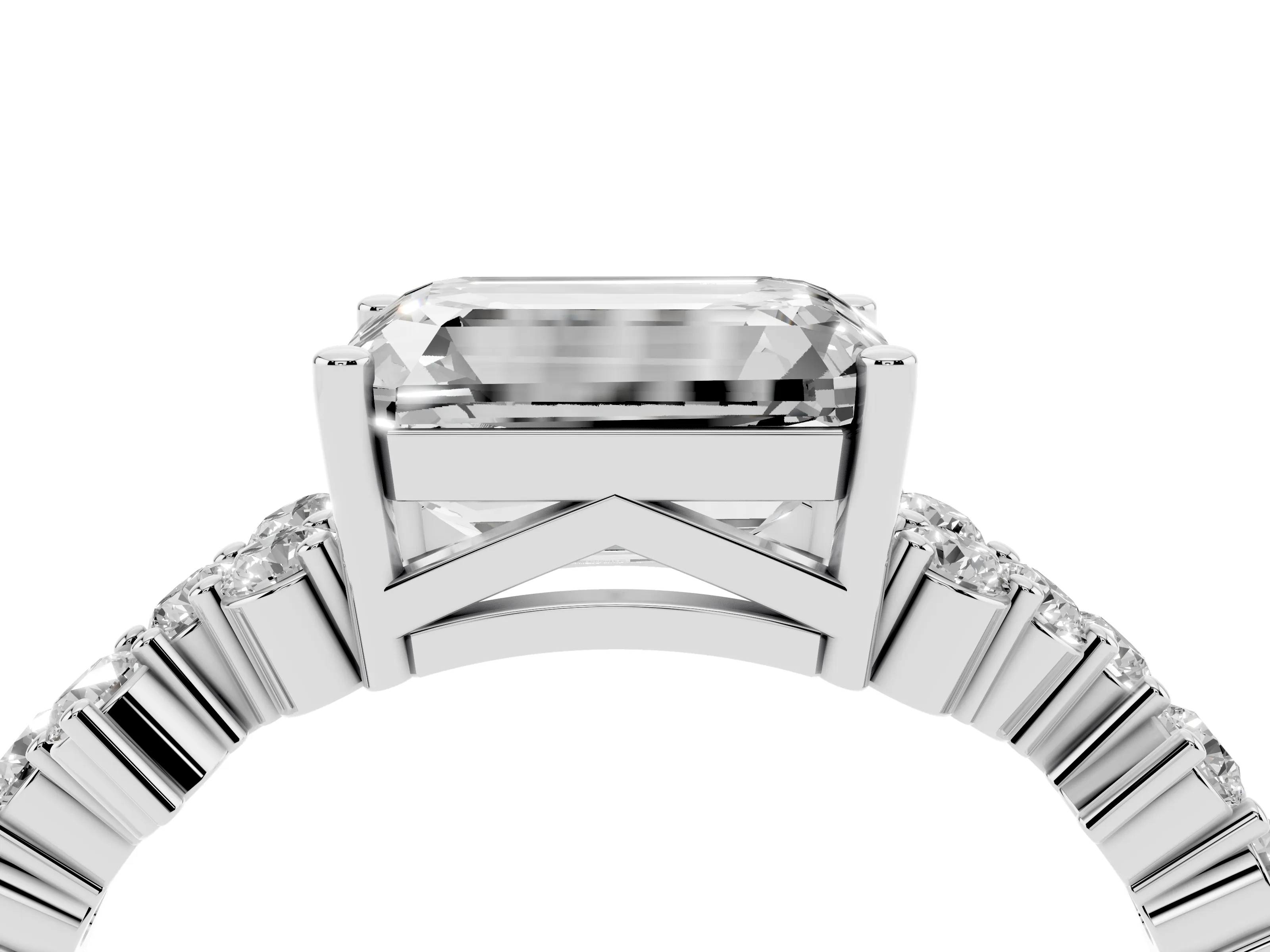Emerald Cut Diamond Ring Set in Silver with Scattered Round Accents